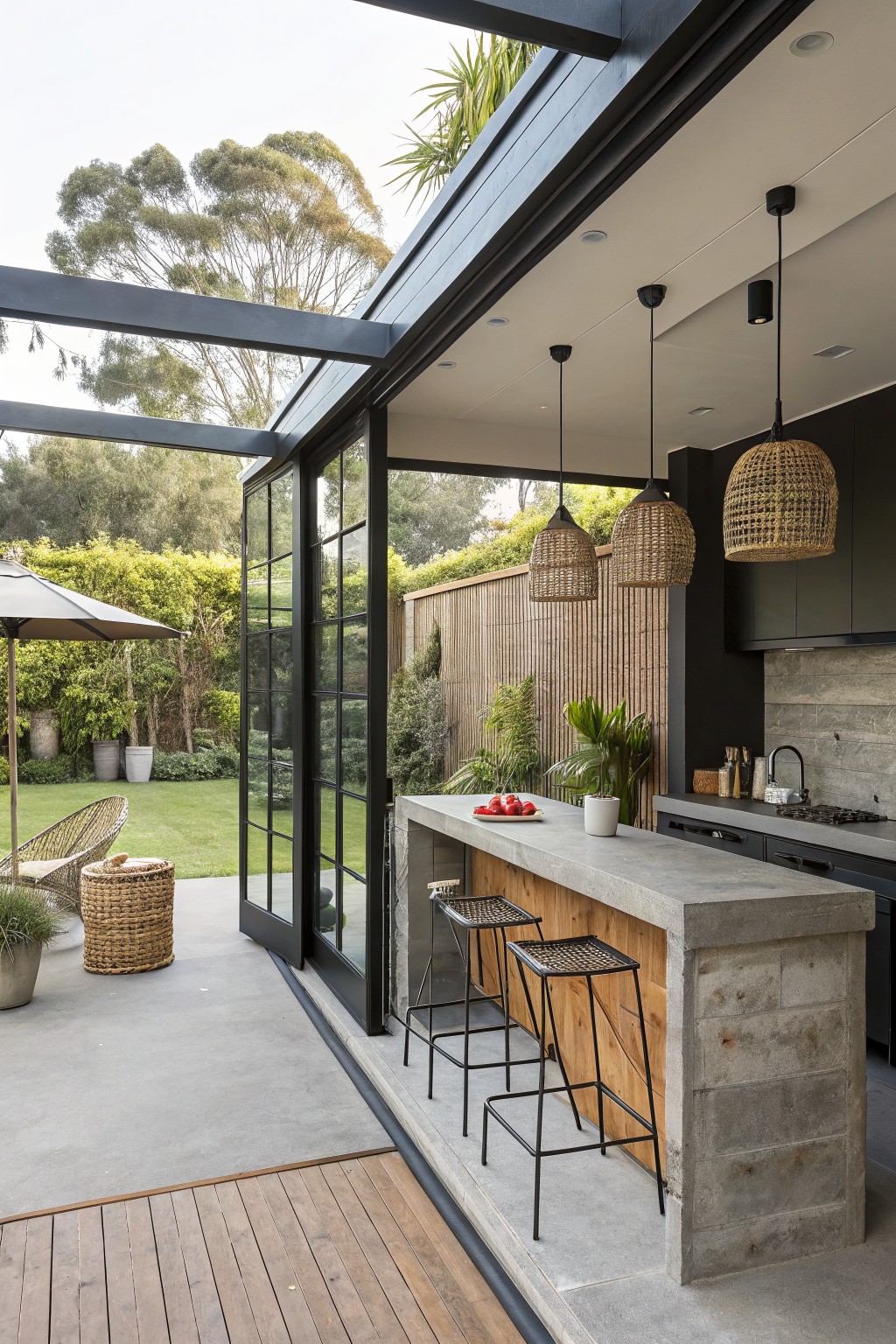 Modern kitchen with black cabinets and concrete countertop bar stools extends outdoors through open black-framed sliding glass doors to a concrete patio next to a garden and wooden deck.