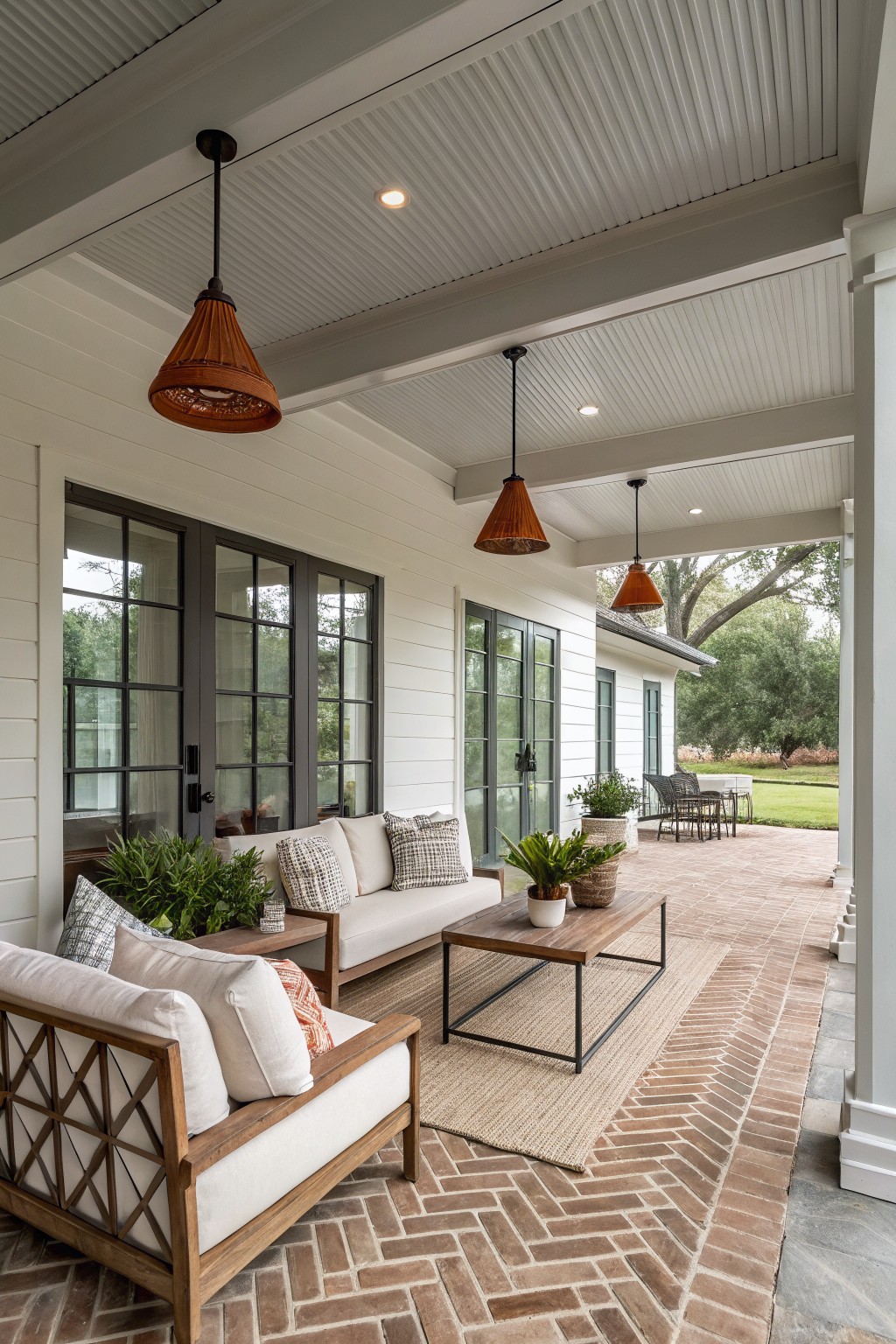 White shiplap-walled covered porch with black-framed doors, lounge seating on herringbone-patterned brick pavers, woven orange pendant lights, potted plants, and view to backyard lawn and trees.