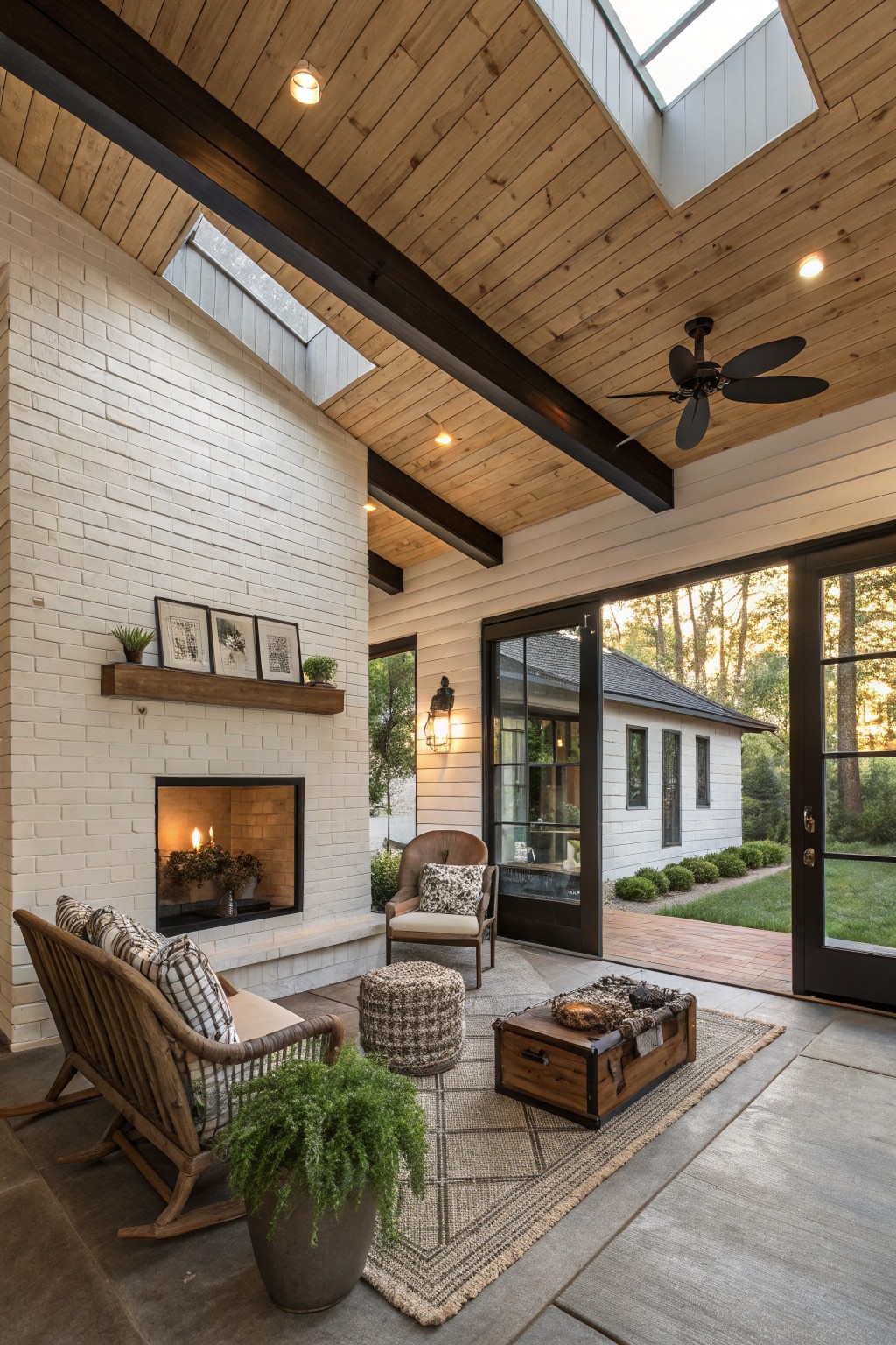 Cozy covered patio with white brick fireplace, wooden furniture, and skylights.