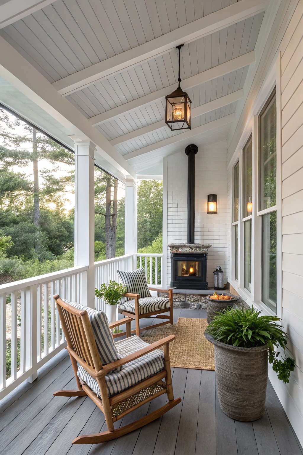 Cozy porch with wooden rockers, fireplace, and potted plants.