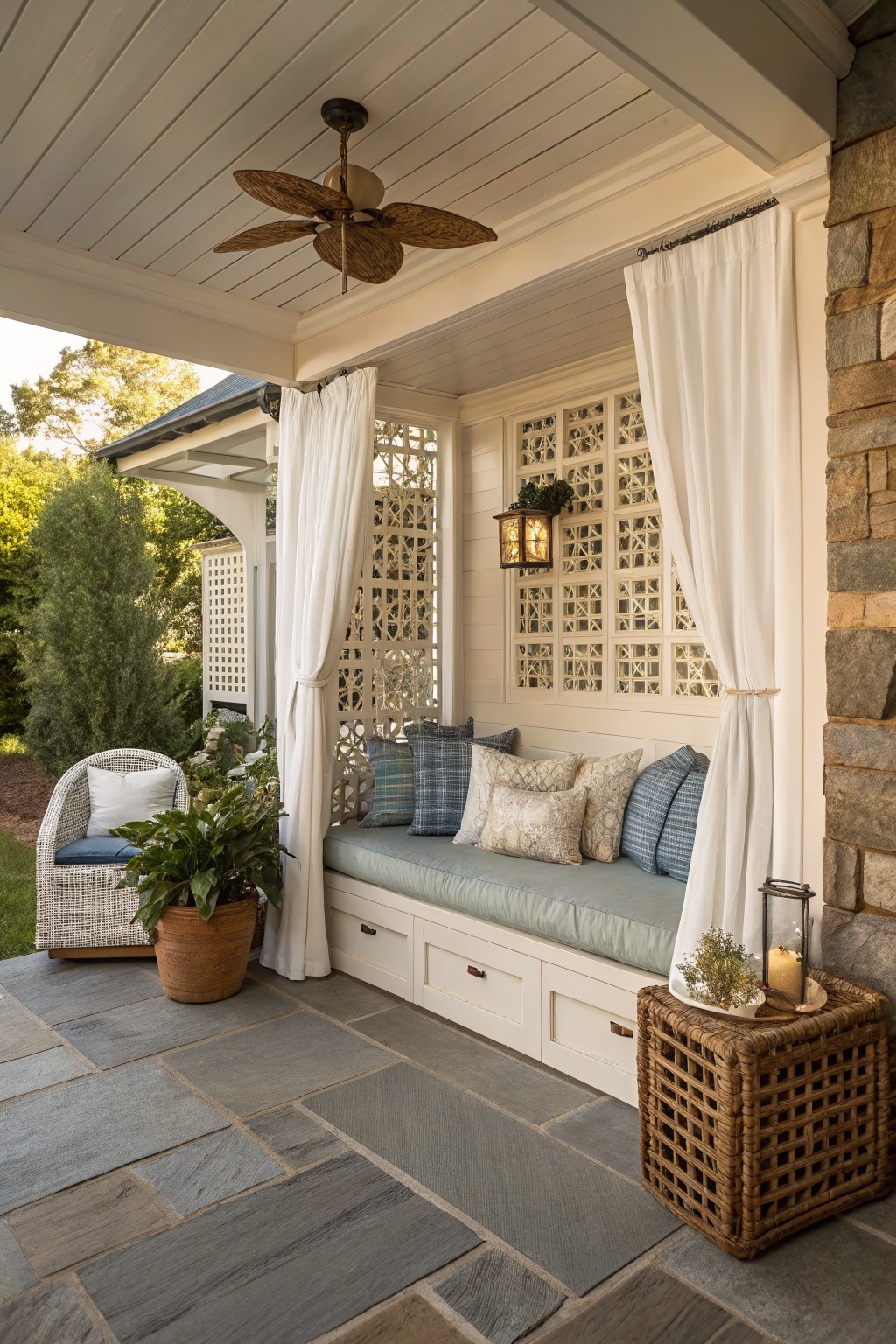 Cozy porch with white daybed, wicker chair, and stone floor.