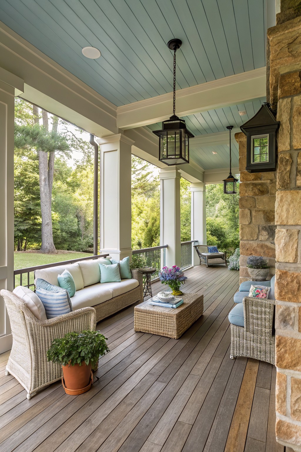 Spacious porch with wicker furniture, lanterns, and lush green view.