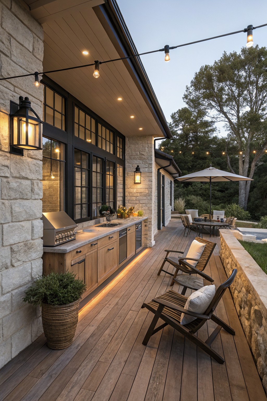 Stone-walled back porch with wooden deck, built-in outdoor kitchen including grill and counters, teak lounge chairs with cushions, overhead string lights, wall lanterns, and umbrella near a pool at dusk.