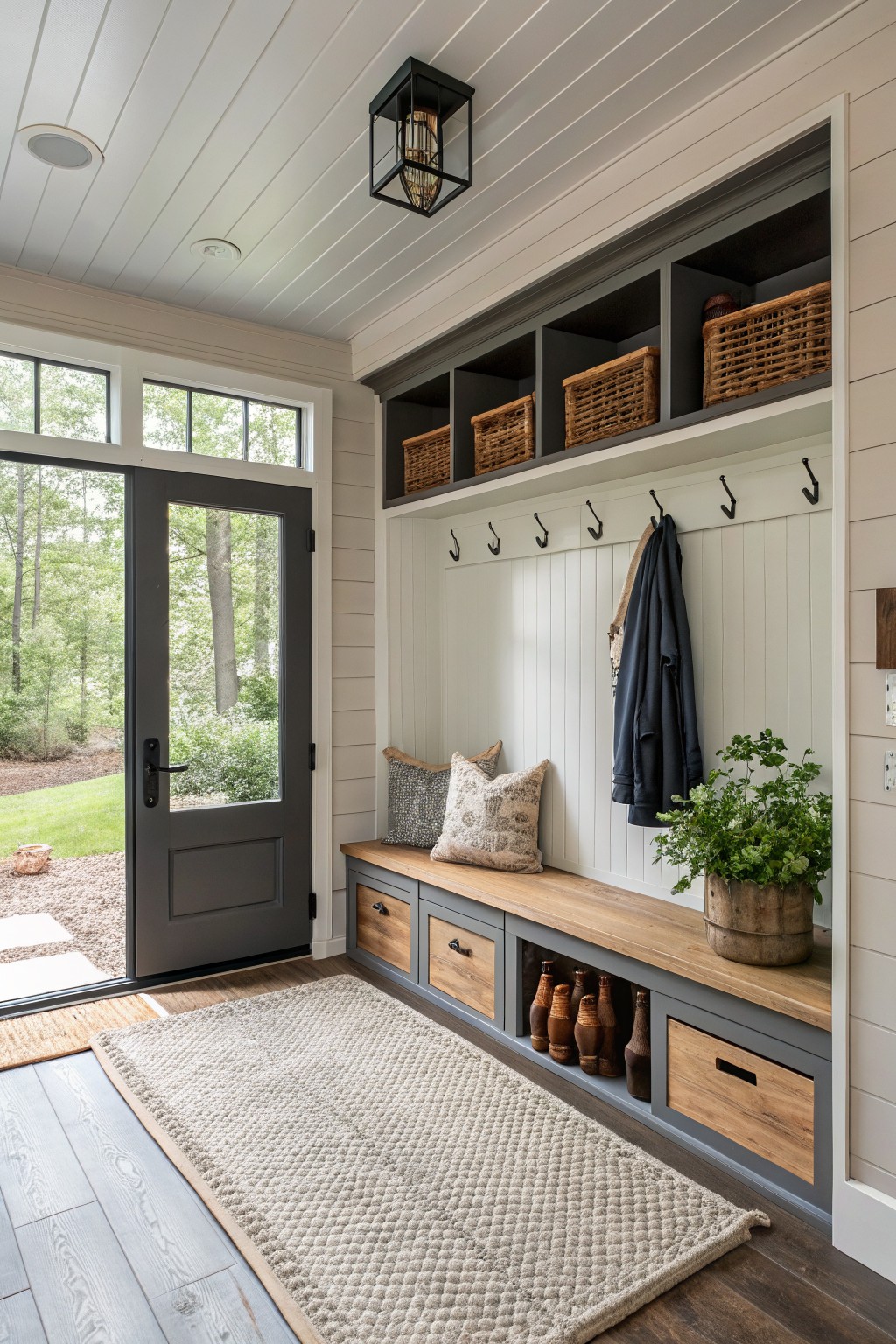 Interior mudroom with built-in gray cabinets, wooden bench seat, wall hooks holding a coat and bag, shelves with woven baskets, potted plant, and a glass door opening to wooded backyard.