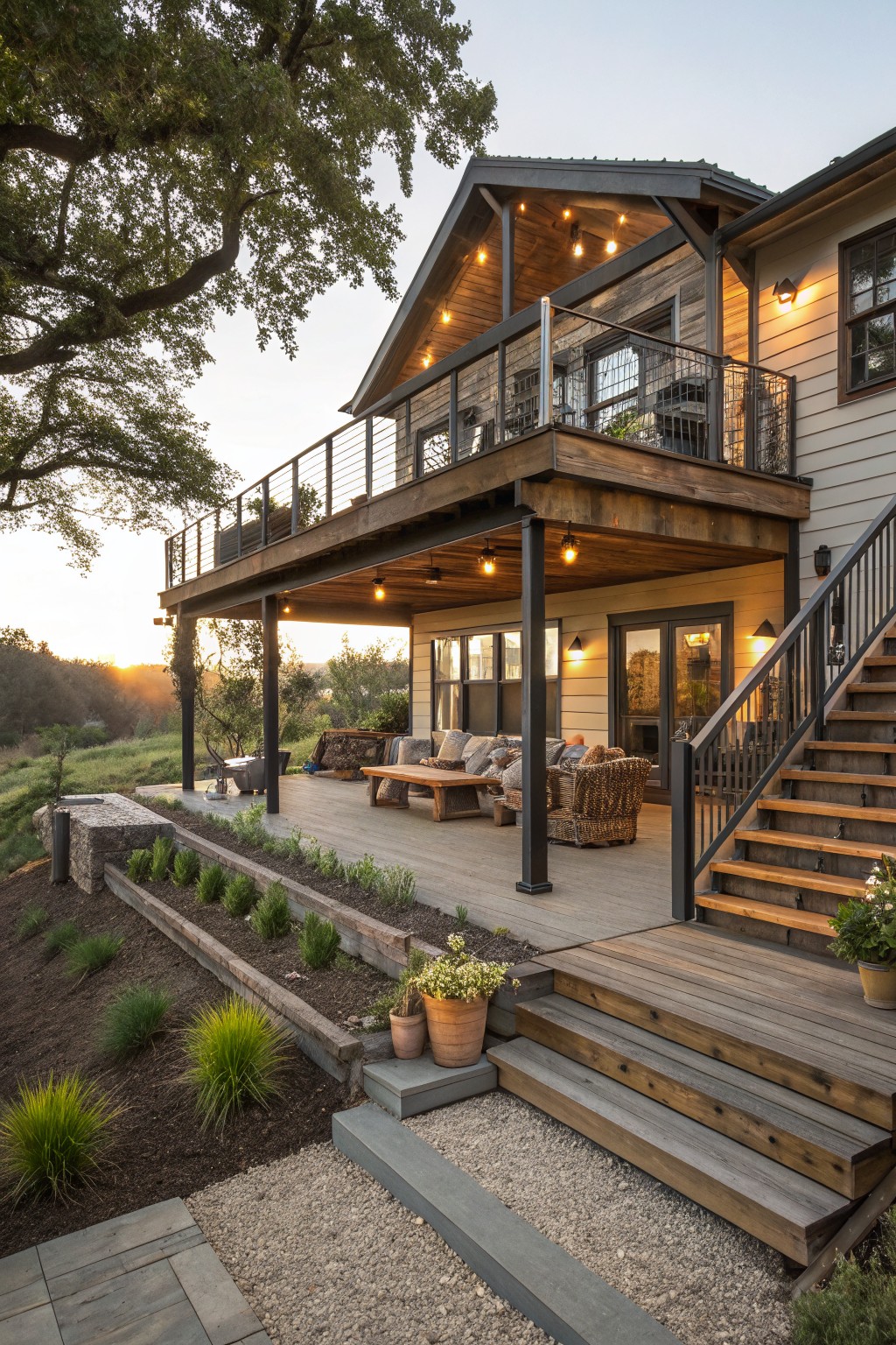 Wood deck porch under a balcony on a modern farmhouse house exterior, featuring outdoor seating, string lights, stairs, potted plants, and hillside landscaping at sunset.