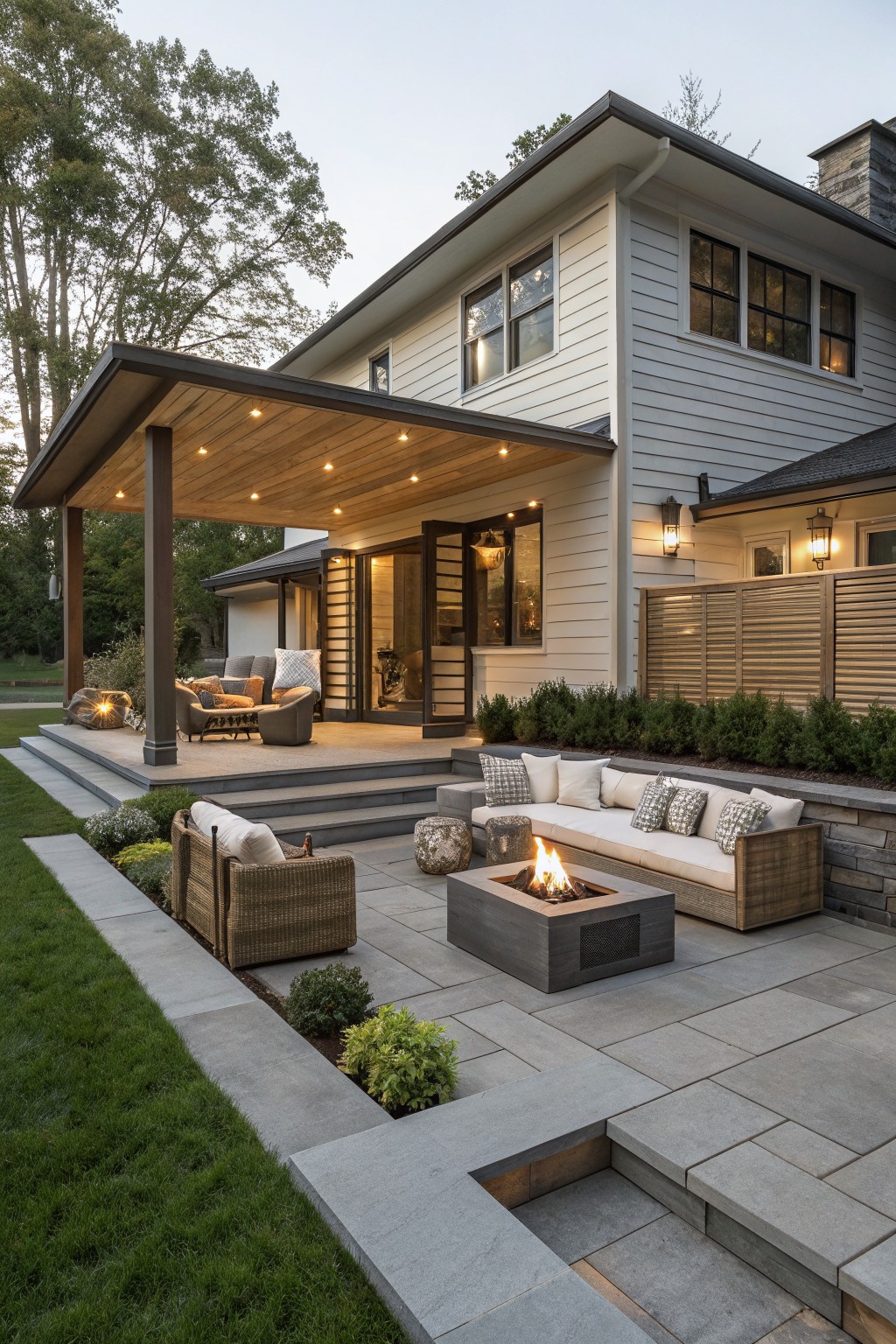 White modern farmhouse with covered back porch under wood-beamed ceiling, steps leading to gray paver patio with wicker sofa, chairs, poufs, concrete linear fire table, plants, and adjacent lawn.