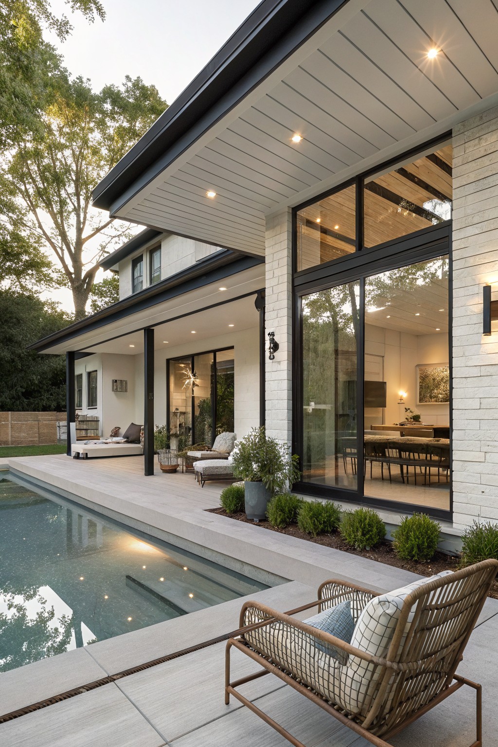 White brick modern farmhouse exterior with black-framed large sliding glass doors on a covered porch adjacent to a rectangular pool, featuring rattan lounge chairs, potted plants, and evening lights.