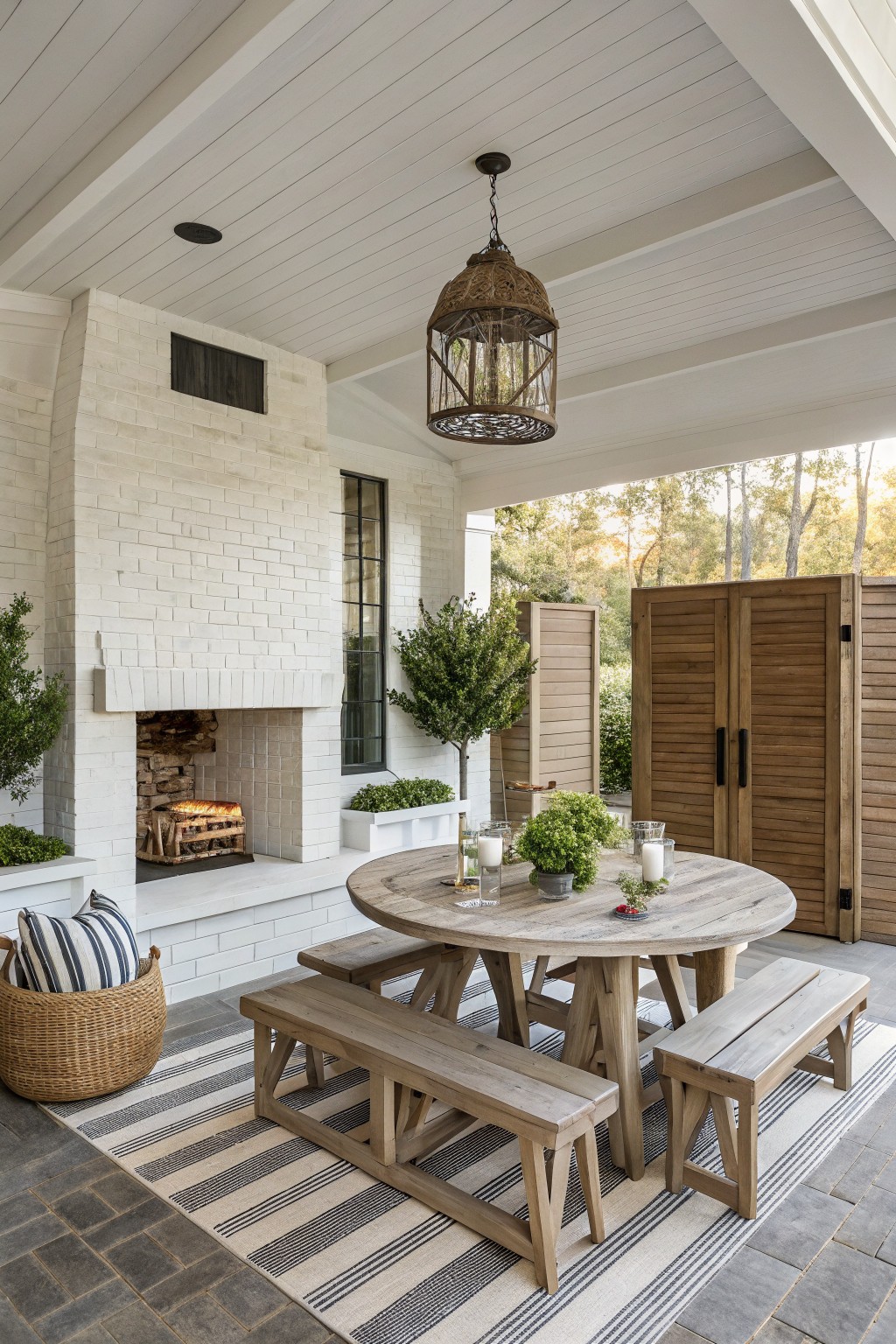 Covered back porch with white brick outdoor fireplace containing a wood fire, round weathered wood dining table with benches, rattan hanging lantern, potted plants, and wooden privacy screens.