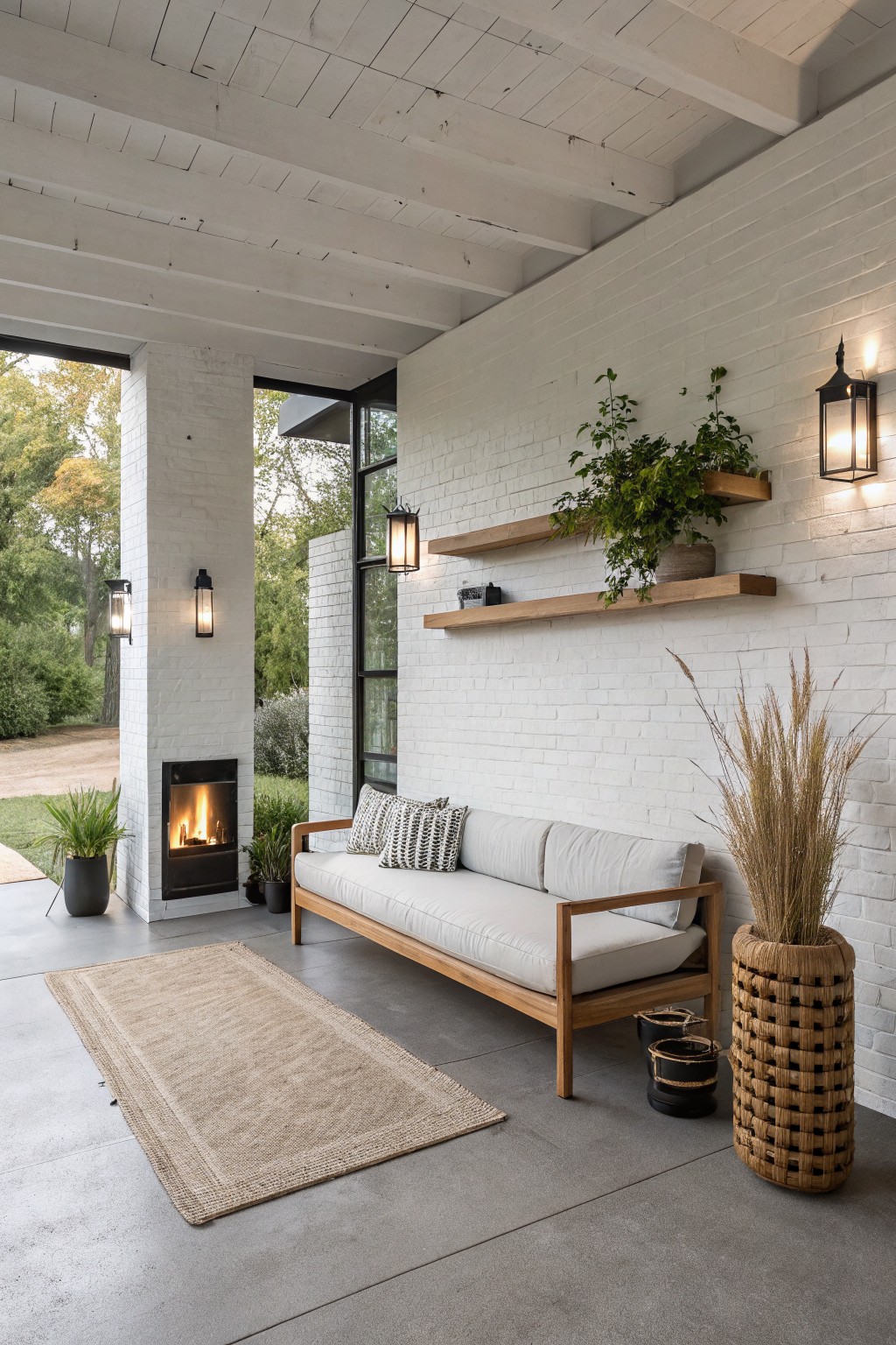 Covered back porch with white brick walls, exposed wooden ceiling beams, built-in fireplace with flames, wooden daybed with white cushions and pillows, floating wooden shelves with plants, wall lanterns, potted greenery, tall pampas grass in basket, beige rug on concrete floor, and garden view through glass doors.