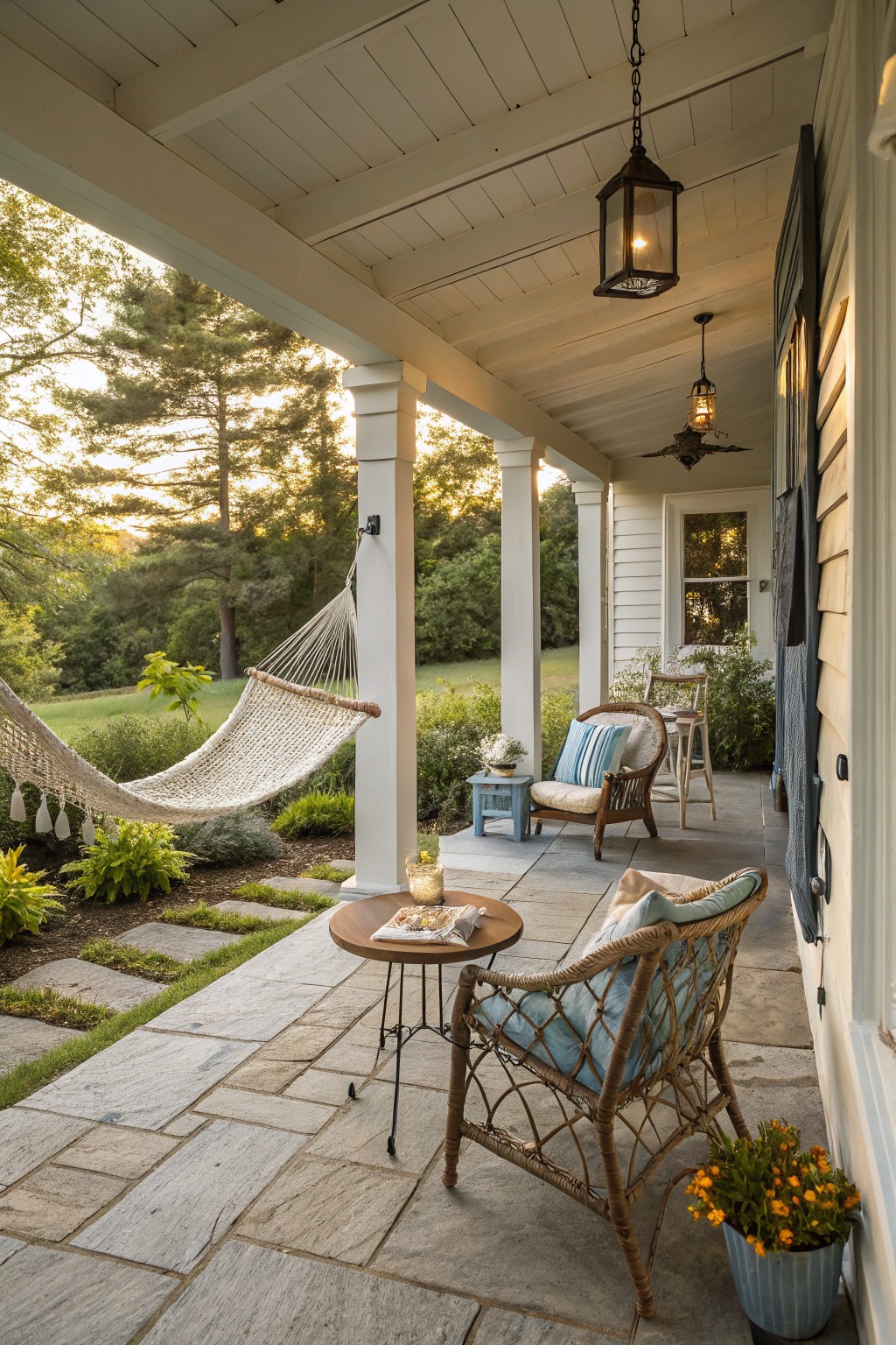 Covered back porch with white columns, a white hammock hanging between a column and tree, wicker chairs with blue cushions around a small wooden table holding glasses and a magazine, potted plants, bluestone pavers, and surrounding trees and lawn.