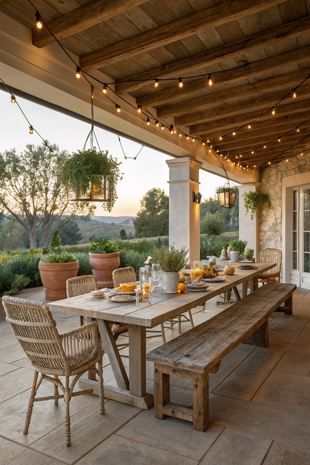 Covered back porch with wooden beamed ceiling strung with cafe lights, long rustic wooden dining table with benches and rattan chairs, potted plants and herbs around the edges, overlooking garden and hills at dusk.