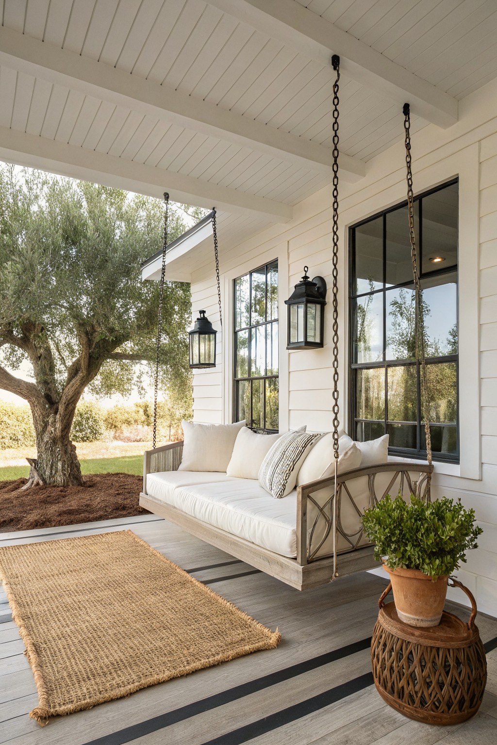 White shiplap covered porch with hanging rattan swing bed holding white cushions and pillows, potted plants and seagrass rug on gray wood decking, black chain lanterns, black-framed windows, and large olive tree nearby.