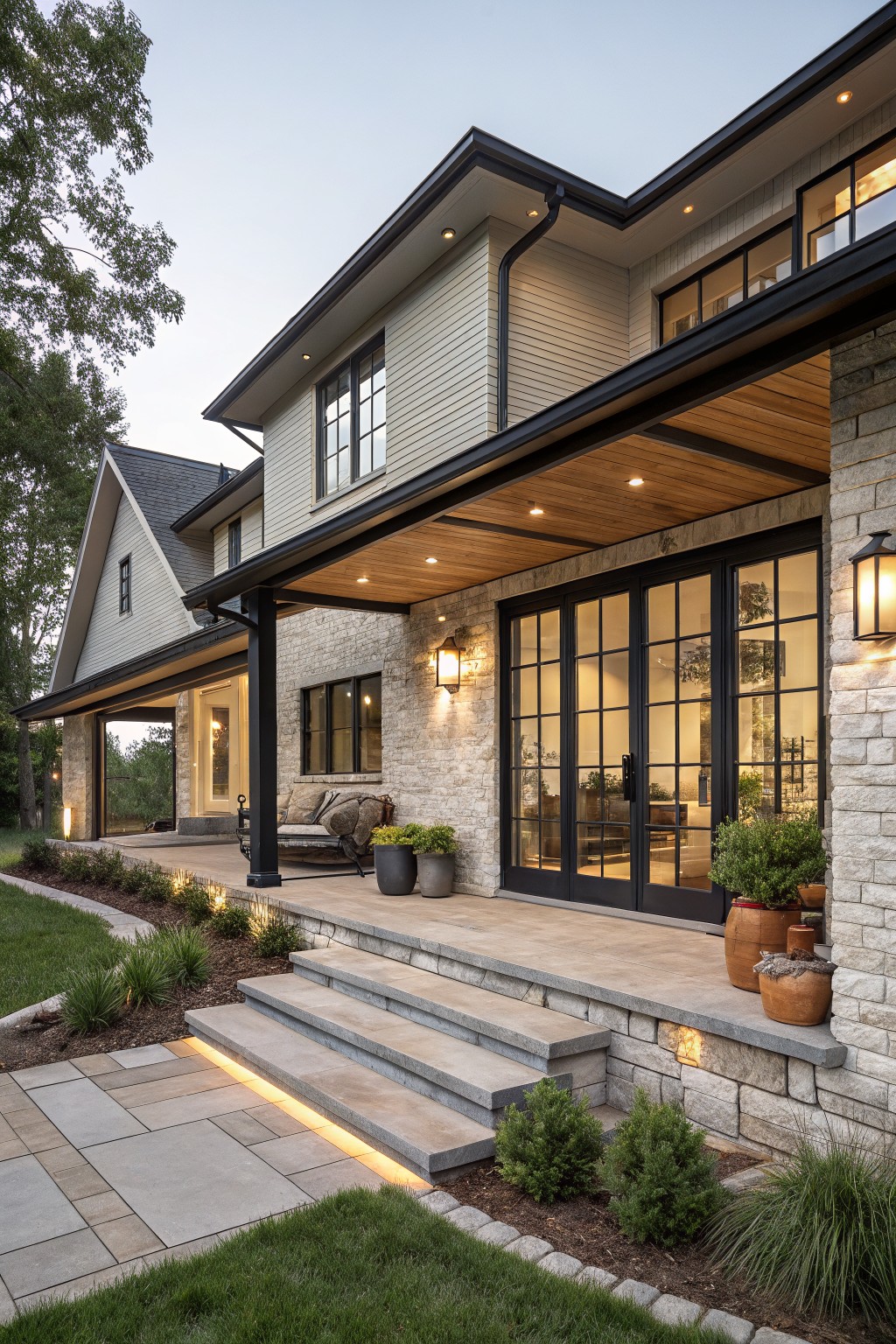 Side exterior view of a two-story modern farmhouse house with light gray-beige siding, light stone base, covered porch with dark wood beam ceiling and posts, large black-framed glass doors, black windows, potted plants on porch, steps down to paved path, and landscaped yard with shrubs and grass.