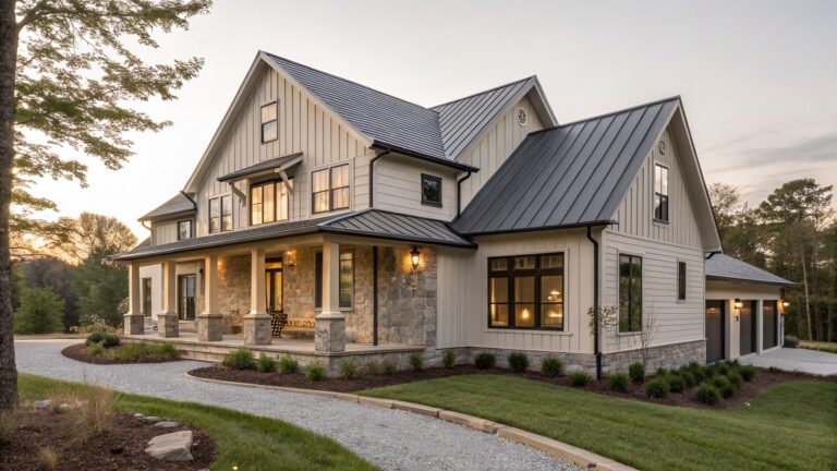 Two-story modern farmhouse exterior with greige board-and-batten siding, dark metal gable roofs, covered front porch supported by stone pillars, large windows, and gravel pathway leading to steps amid landscaped lawn and shrubs at dusk.