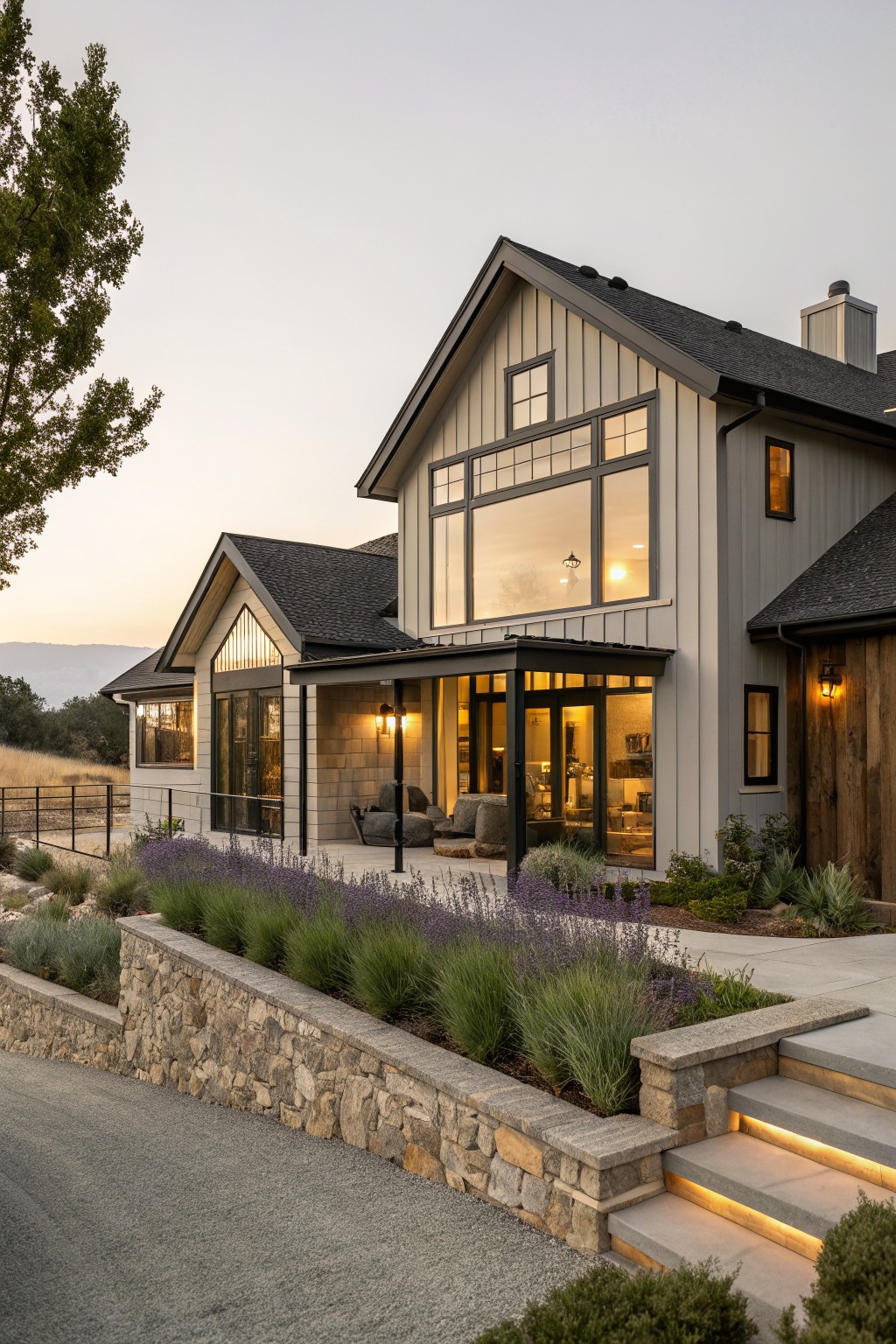 Greige board-and-batten sided modern farmhouse exterior with gabled roofs, large multi-pane windows, black metal porch roof, stone retaining wall planted with lavender and grasses, and illuminated concrete steps at dusk.