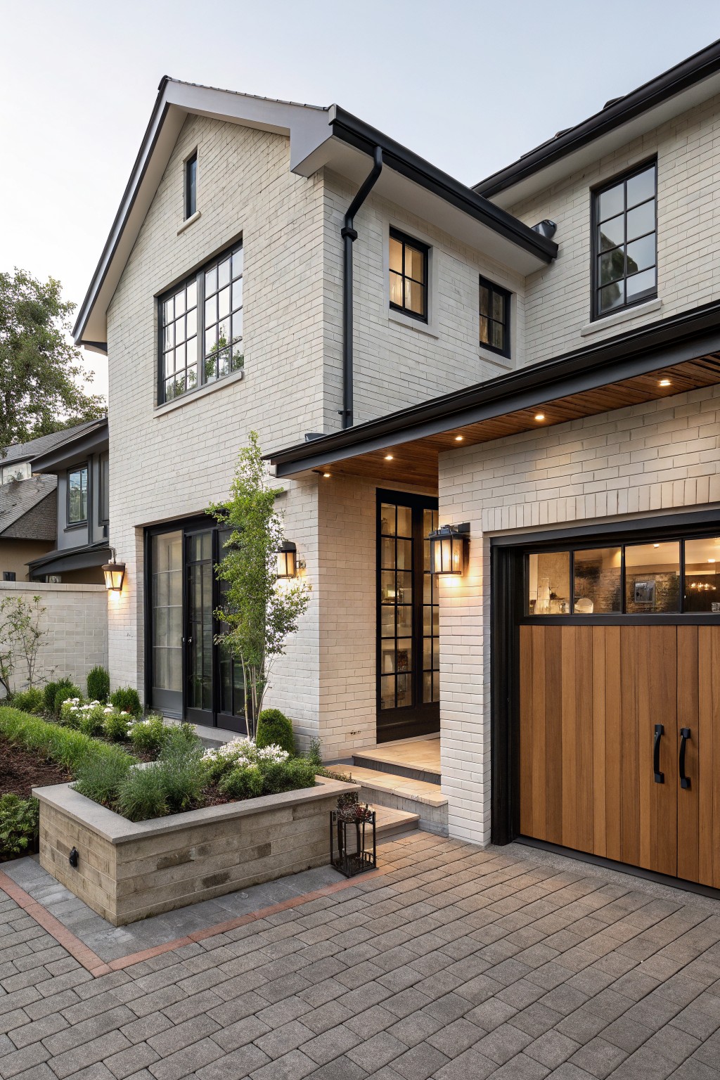 Side exterior of a two-story house with light greige brick walls, black metal-framed windows and doors, wooden garage door, landscaped planting beds, and paved walkway.