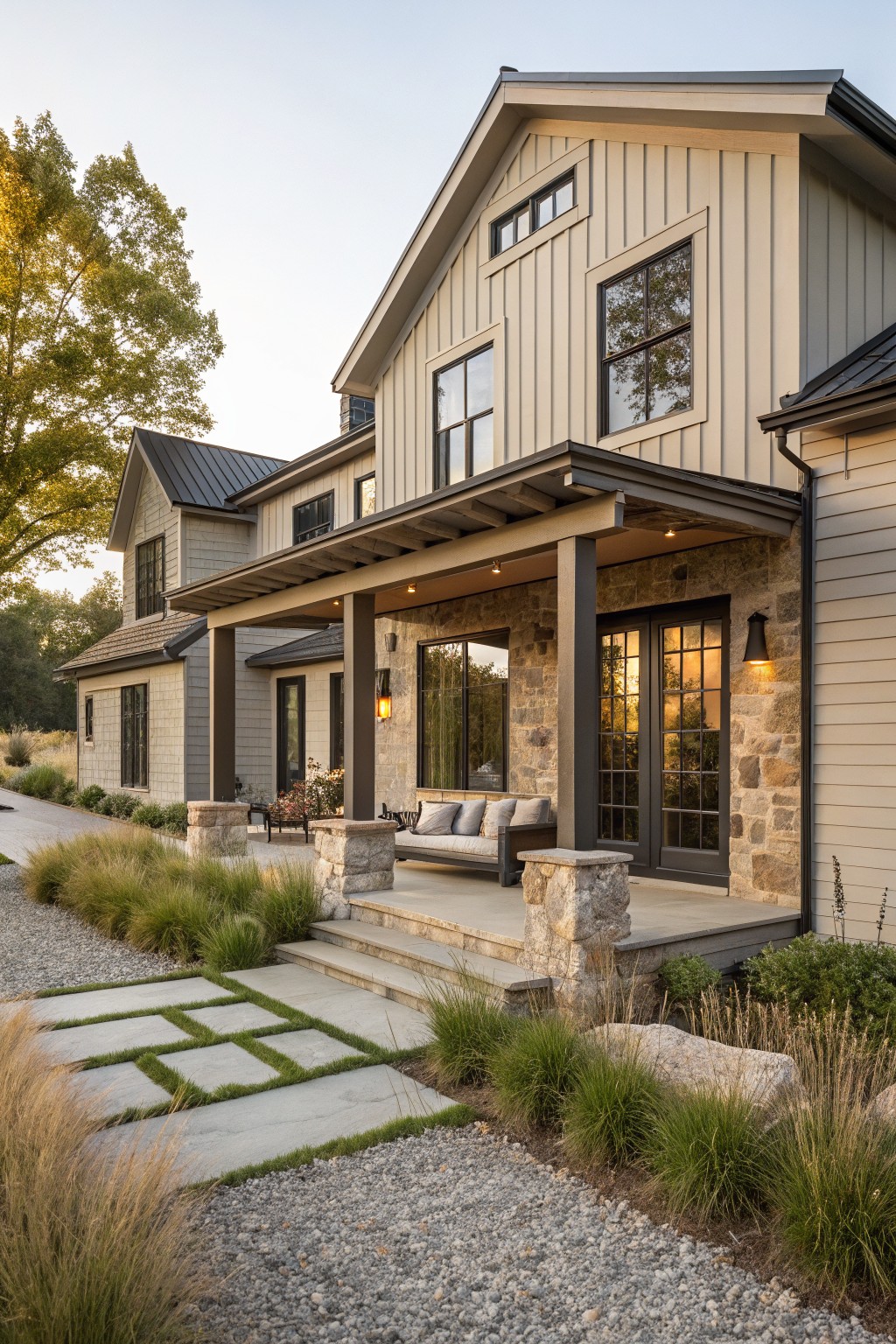 Side view of a two-story modern farmhouse exterior featuring greige board-and-batten siding, black metal roof, covered porch with stone pillars and bases, glass doors, outdoor seating, and a stone pathway with grass strips leading to the entry.