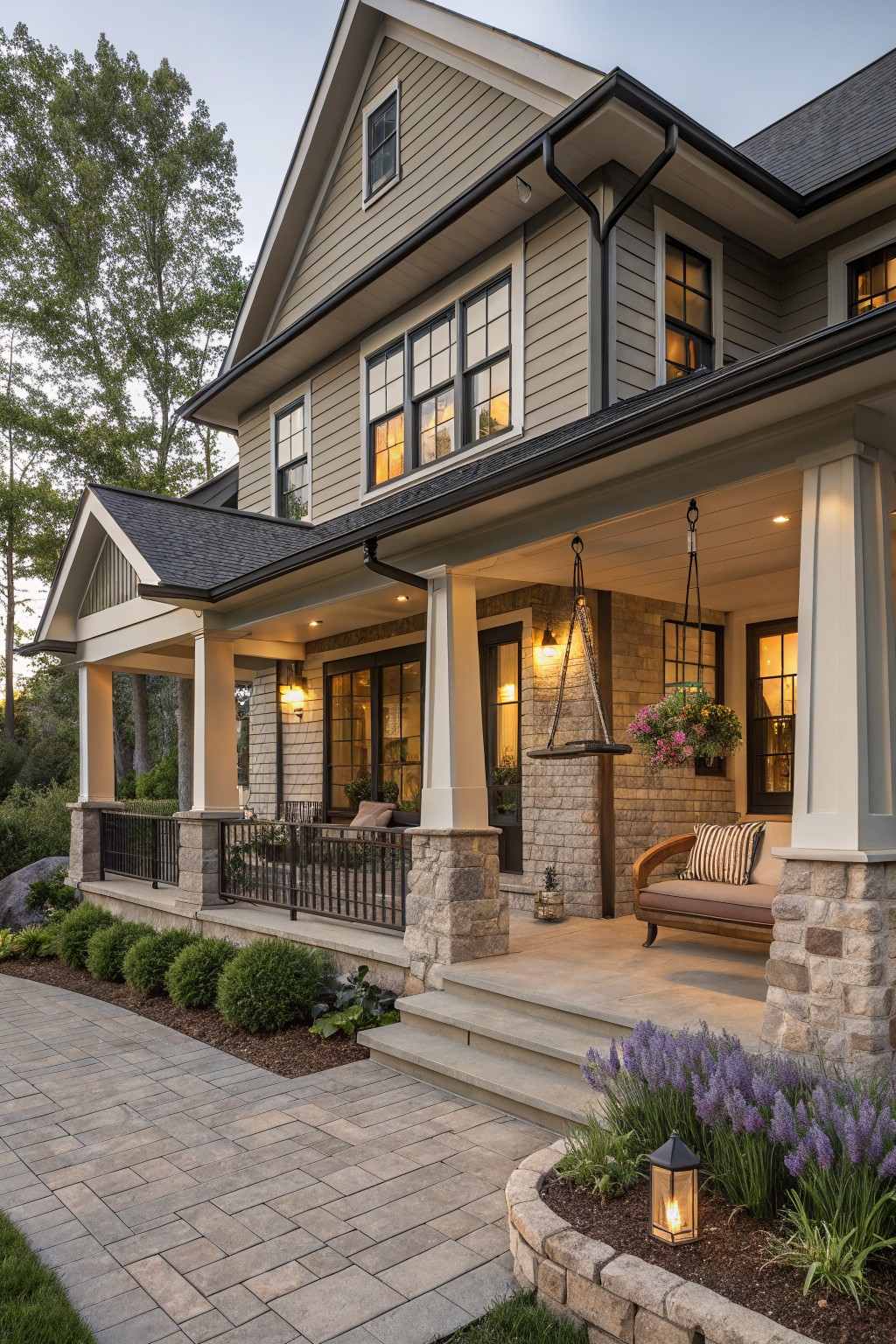 Two-story modern farmhouse exterior in greige siding with black trim and roof, featuring a covered porch with stone pillars and base, wrought iron railing, cushioned chair, hanging plants, lanterns, flower beds, shrubs, lavender, and paved pathway at dusk.