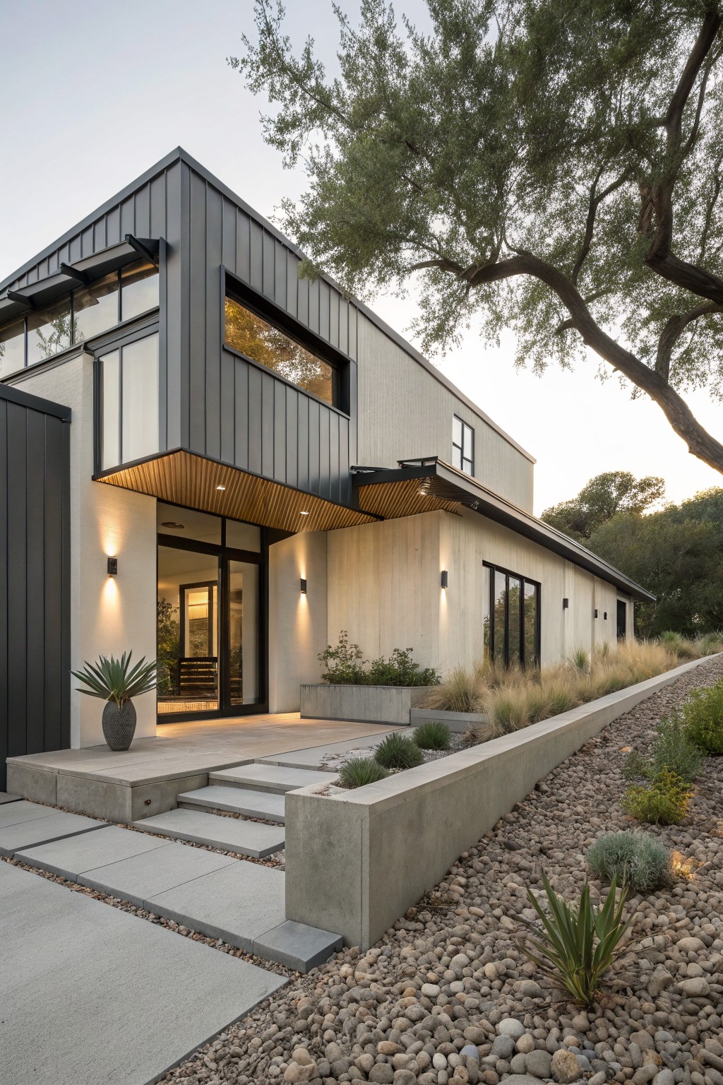 Modern house exterior with greige stucco siding, black vertical metal cladding on one corner, wooden entry canopy, glass door, concrete steps, and gravel landscaping with grasses and agave plants.