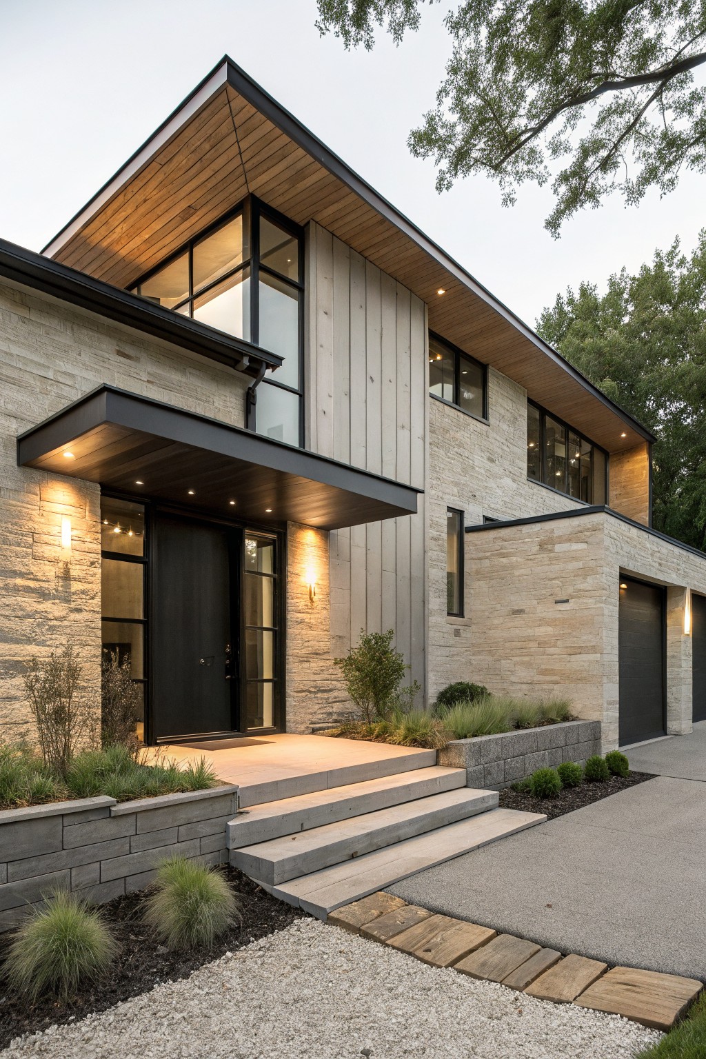 Modern two-story house exterior with greige stone lower walls, vertical light wood siding on upper levels, black metal canopy over the entry, large black doors and garage, black-framed windows, wood roof overhang, and low plantings along the concrete steps and path.