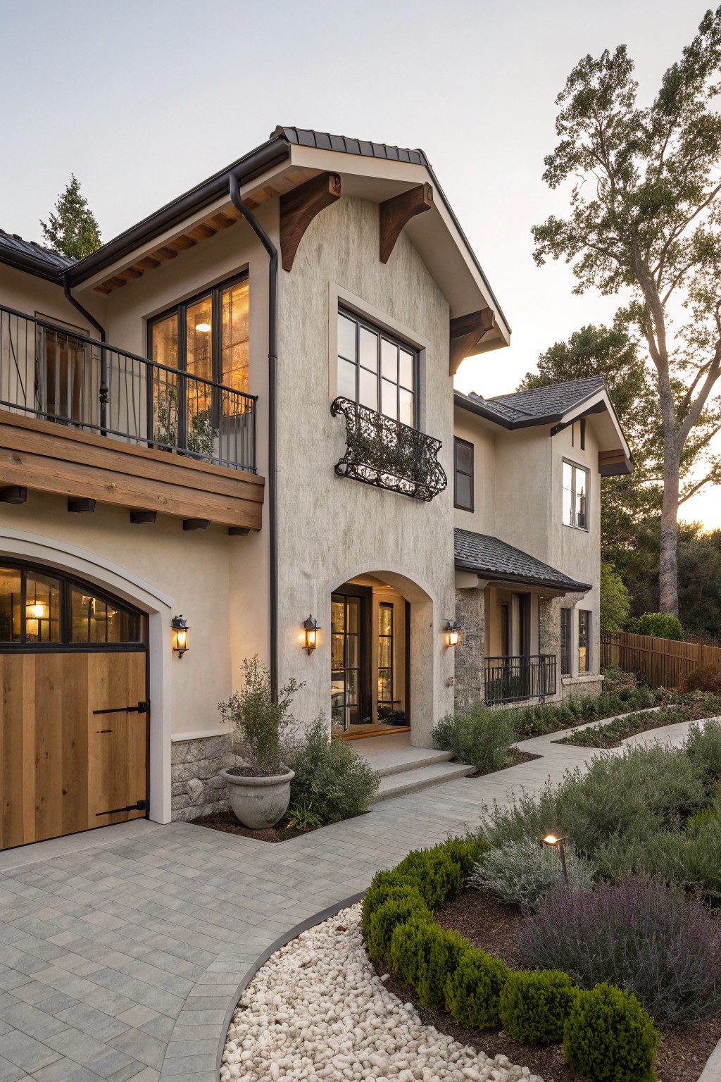 Exterior side view of a modern farmhouse style home with greige stucco walls, arched wooden garage door, glass entry door, metal balcony, stone base accents, and landscaped pathway with shrubs and gravel.
