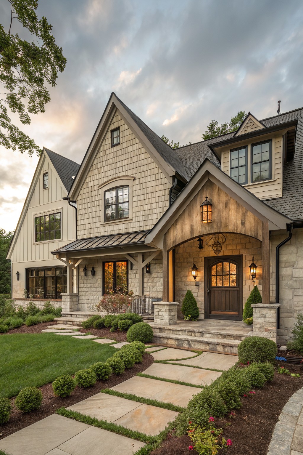 Two-story house exterior with greige shingle siding, dark sloped roof, timber-beamed covered porch with lanterns and stone pillars, arched wooden entry door, large windows, and front landscaping with stone pathway and shrubs.