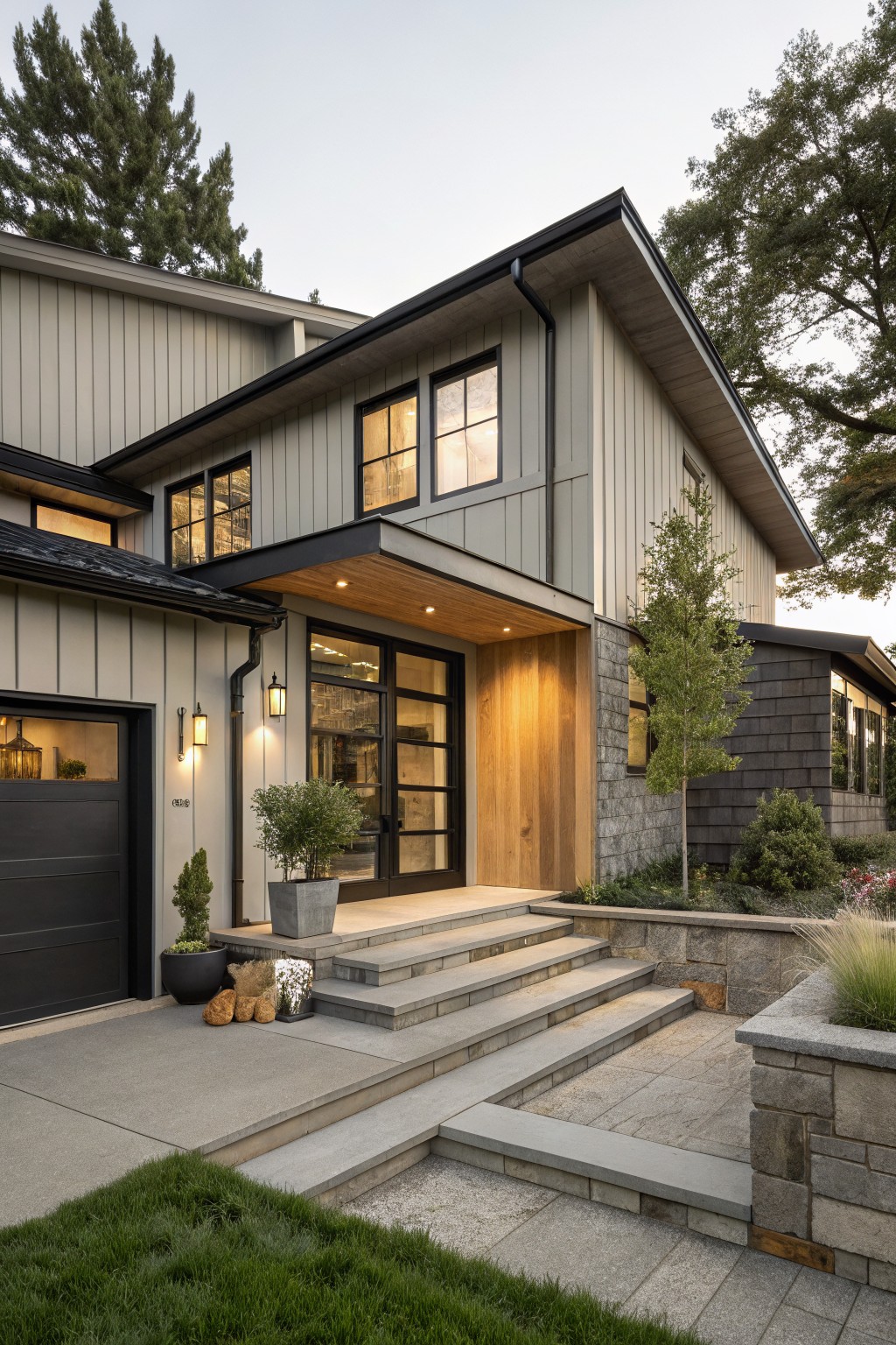 Front exterior of a modern farmhouse house with greige vertical board-and-batten siding, black-framed windows and garage door, wood-clad entry with glass panels and lanterns, concrete steps, stone retaining wall, and trees and plants nearby.