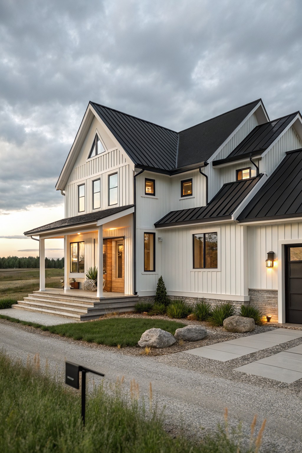 Two-story white board-and-batten modern farmhouse with black metal gable roofs, covered front porch with wood door, attached garage, gravel driveway, large rocks, pavers, and grasses in the yard under cloudy sky.