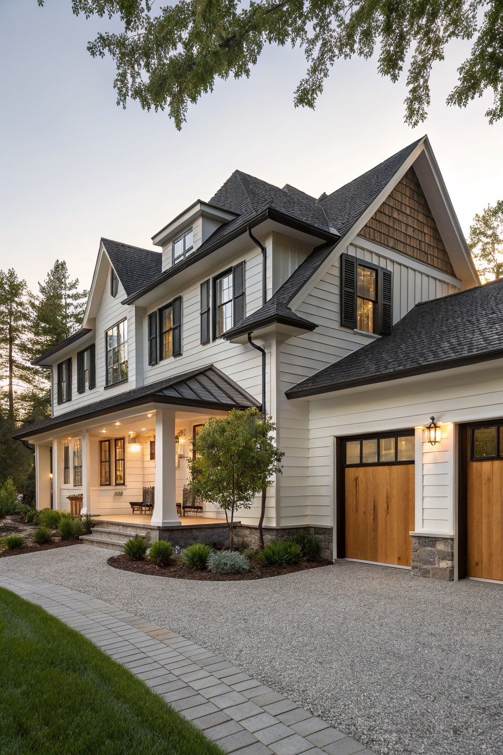 Two-story modern farmhouse exterior with white board-and-batten siding, black louvered shutters on multipane windows, covered front porch, attached garage with wood doors and glass panels, stone base accents, gravel driveway, bluestone path, and landscaped plantings at dusk.