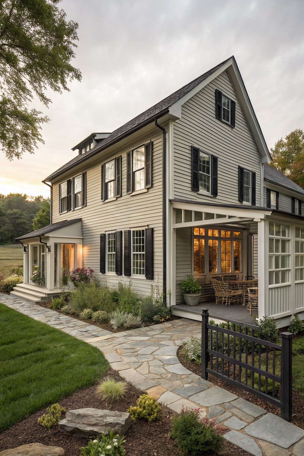 Two-story modern farmhouse with light gray clapboard siding, black shutters on multi-pane windows, covered front porch, sunroom addition, stone pathway, and surrounding landscaping at dusk.