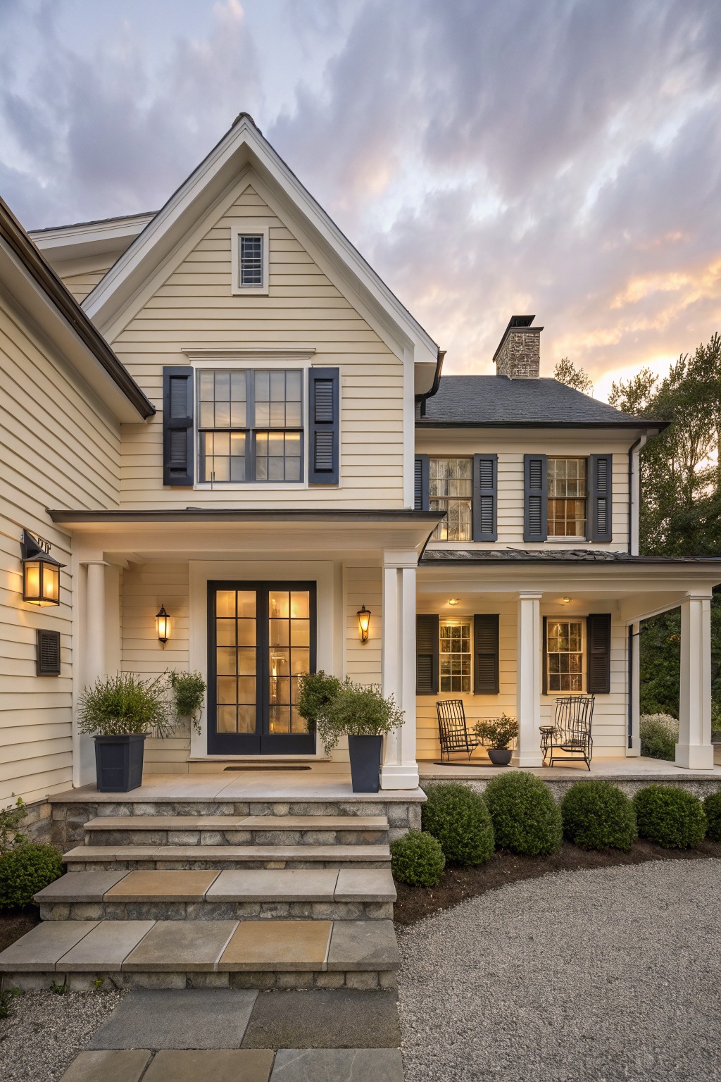 Beige clapboard house exterior with black shutters on windows, covered front porch supported by white columns, black front door, stone steps, potted plants, gravel driveway, trees, and sunset sky.