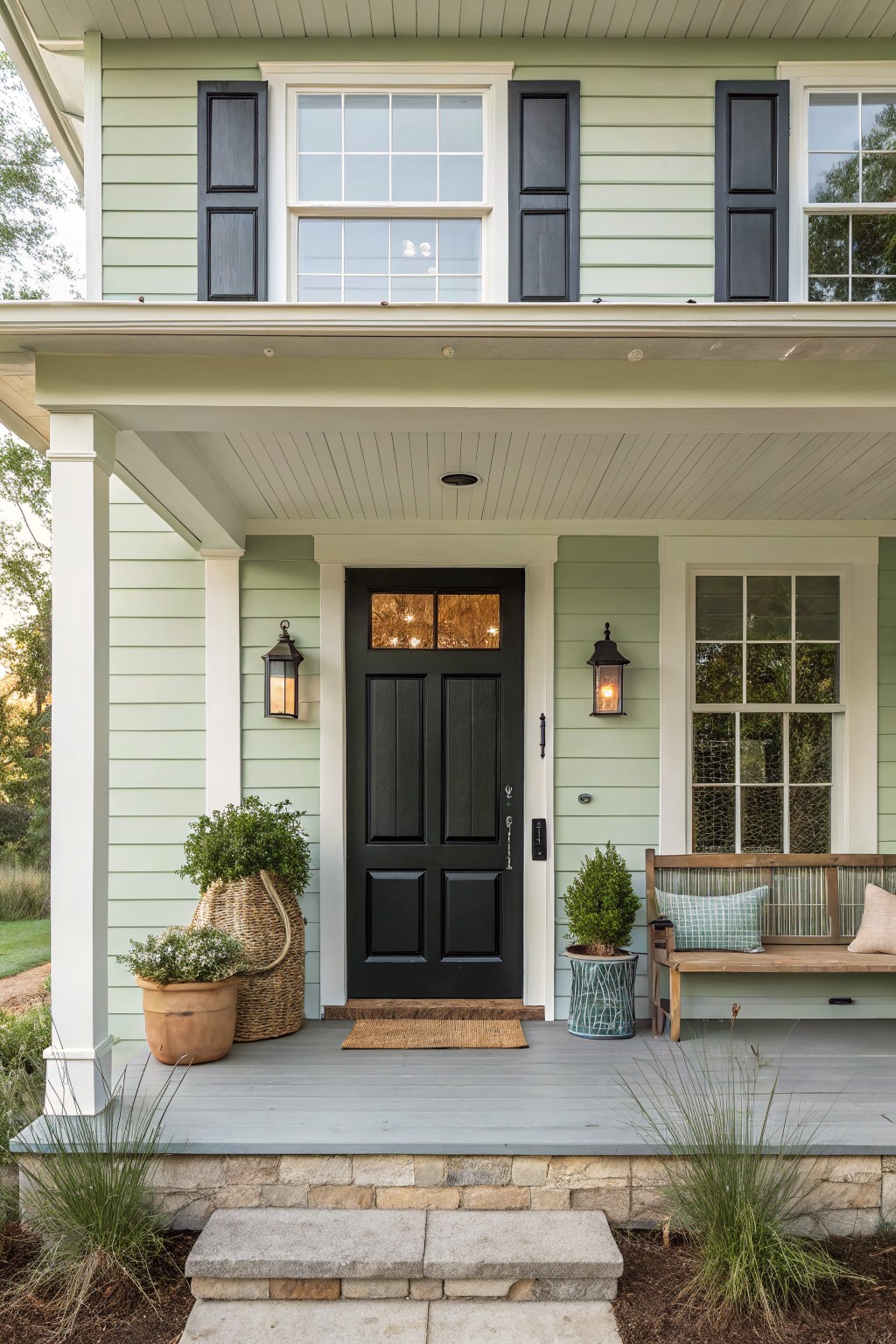 Front view of a two-story house with light green horizontal siding, black shutters on white-framed windows, black paneled front door with glass top, paired lanterns, covered porch with wooden bench and potted plants, stone steps, and grass landscaping.