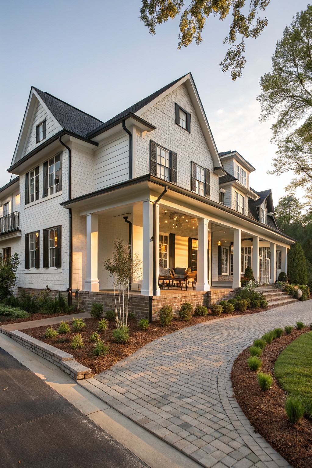 Two-story white clapboard house with black shutters and roof, wraparound porch supported by white columns, curved brick paver pathway to entrance, and low landscaping with trees nearby.