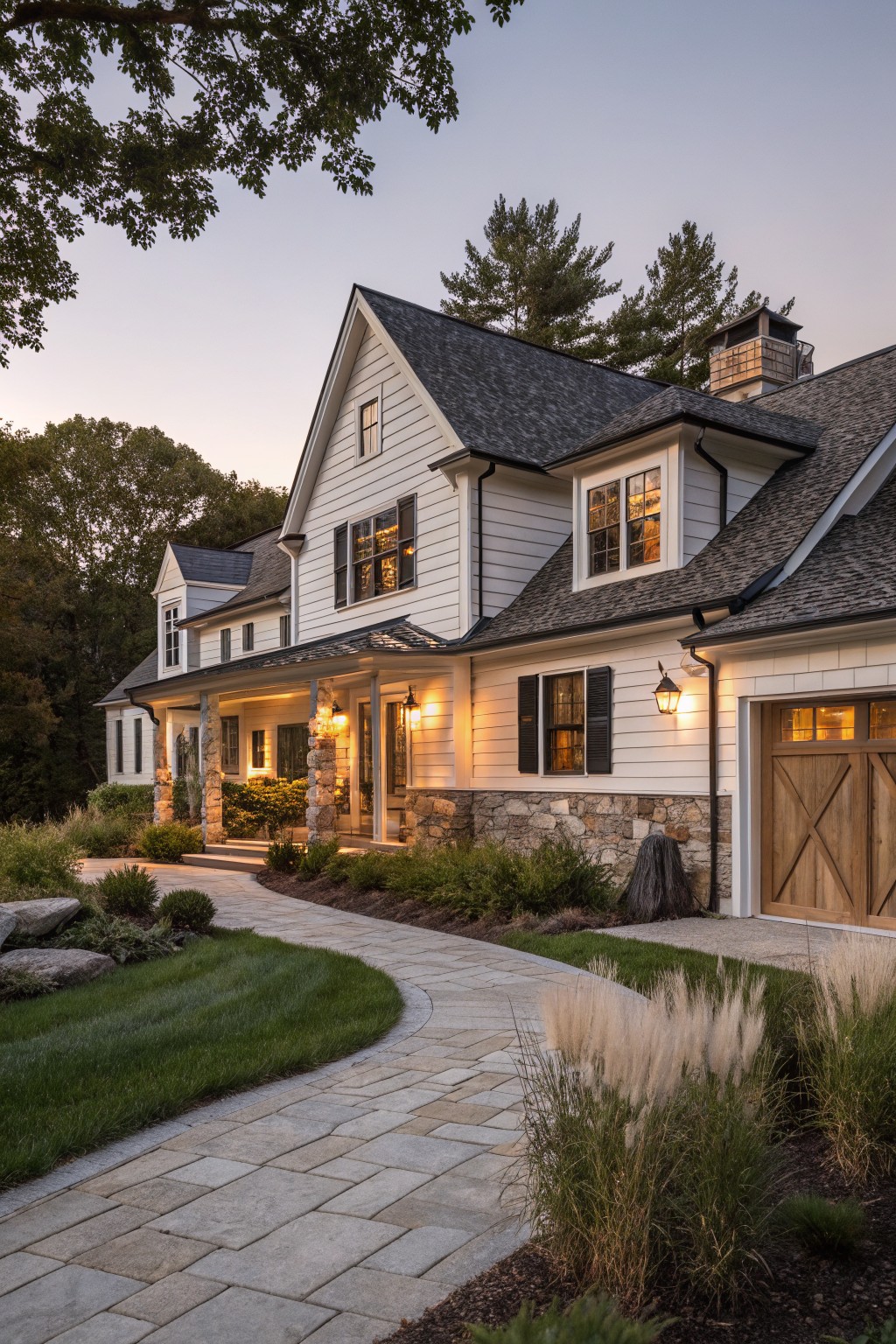 White clapboard modern farmhouse exterior with black shutters on multipaned windows, dark shingled gabled roof, covered porch with stone columns and lanterns, attached garage with wooden doors, stone pathway, and surrounding landscaping at dusk.