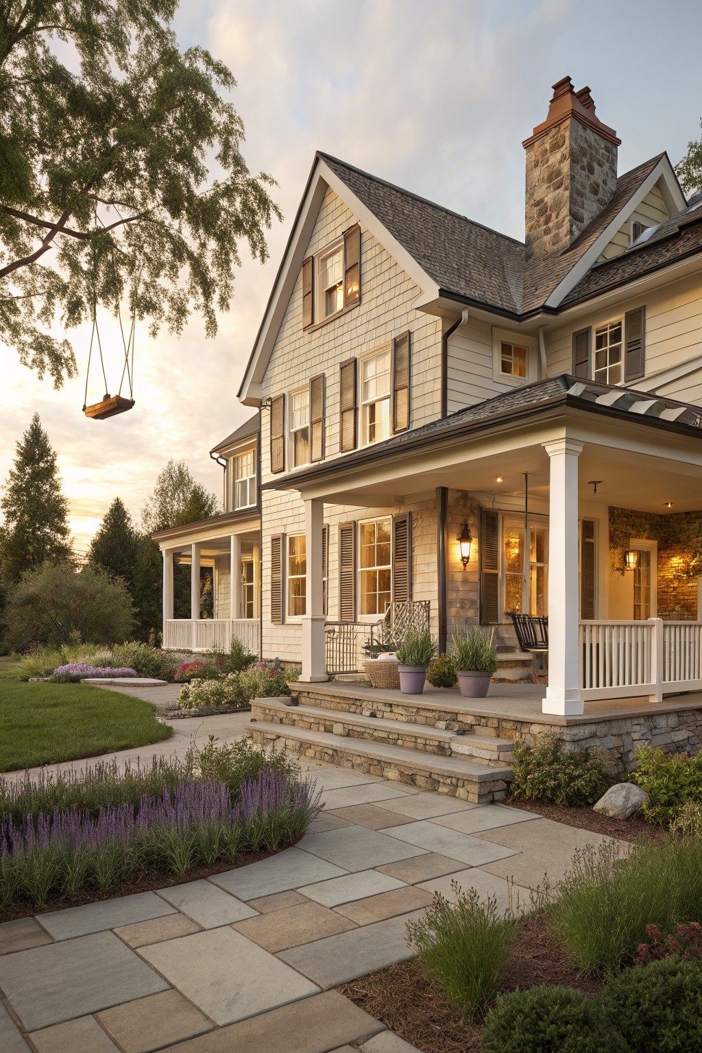 A two-story modern farmhouse exterior featuring shingle roof, pale horizontal siding, dark green shutters on multipane windows, covered front porch with swing and potted plants, stone chimney and steps, surrounded by landscaped path and garden at dusk.