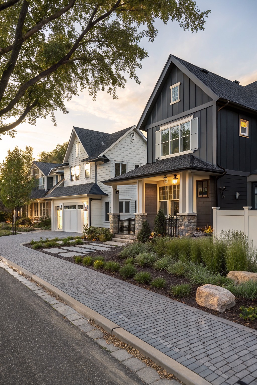 Dark gray modern farmhouse home with gabled roof, white trim, covered porch with stone pillars, adjacent white house with garage, front landscaping with grasses and boulders, and paved walkway at dusk.