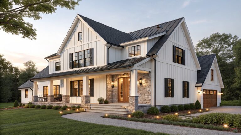 Two-story white board-and-batten farmhouse exterior with black shutters, black roof, wrap-around porch, stone entry steps, lanterns, and low shrubs at dusk.