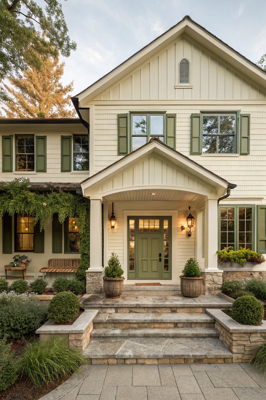 Front exterior of a two-story house with cream clapboard siding, dark green shutters on multipane windows, sage green front door under a covered porch with lanterns, stone steps, potted plants, and landscaped shrubs and trees.