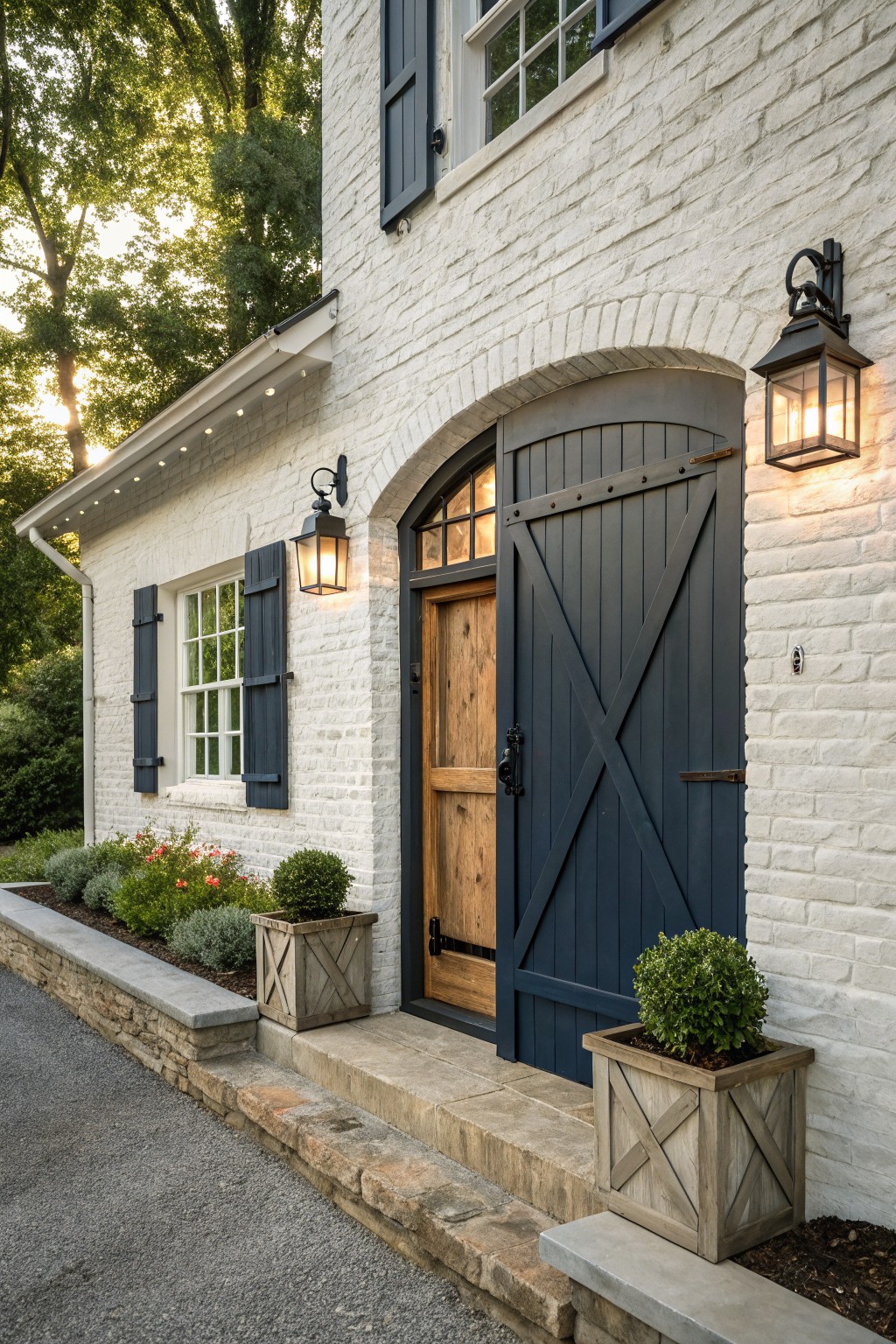 White brick house exterior featuring navy blue shutters on windows, an arched navy garage door with wooden entry door inside, black lanterns, potted plants, and a stone pathway.