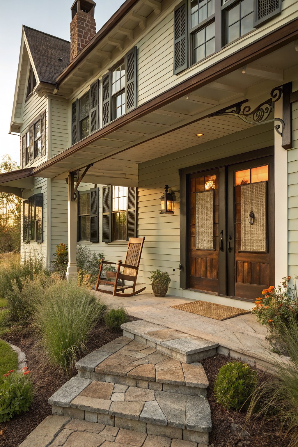 Two-story modern farmhouse exterior with pale green clapboard siding, dark shutters on multi-pane windows, covered front porch with rocking chair, double wooden entry doors, lantern light, stone steps, and grasses in the front yard landscaping.