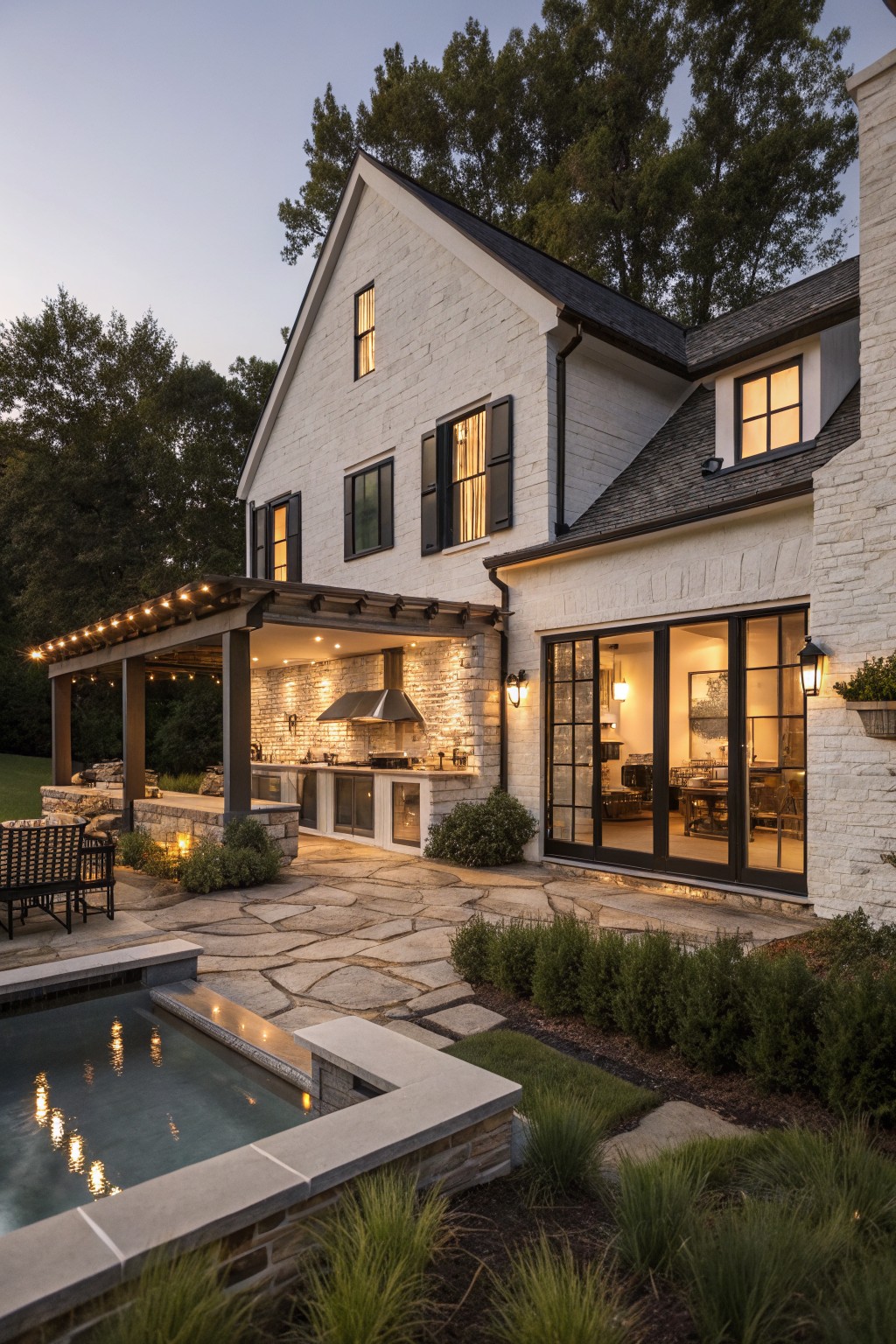 Side exterior view of a two-story white brick modern farmhouse at dusk with black shutters on windows, large black-framed glass doors opening to a covered pergola patio featuring an outdoor kitchen, seating area, stone paver terrace, and raised spa pool surrounded by low plantings and trees.