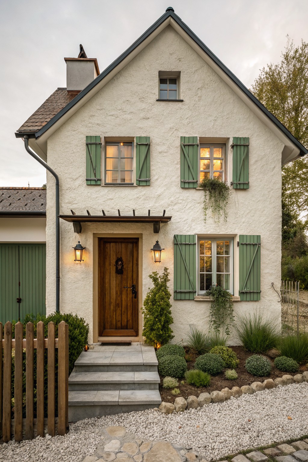 White stucco two-story house with dark green shutters on windows, wooden front door flanked by lanterns, attached green garage door, picket fence, and gravel path with plants in front yard.