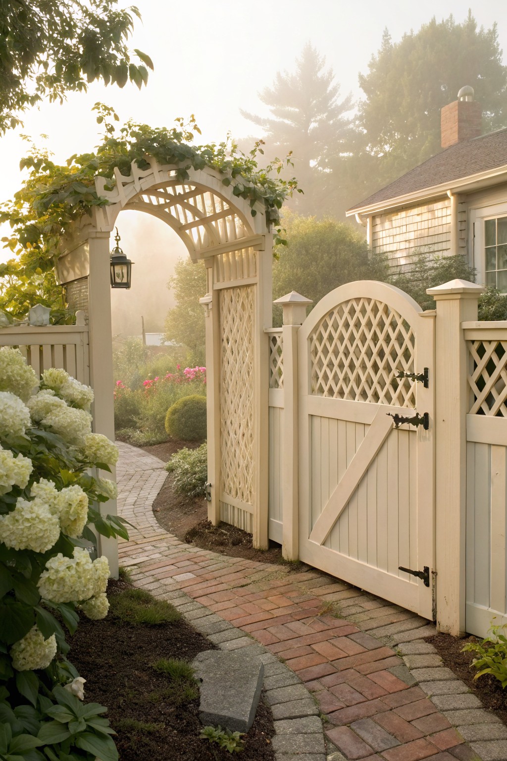 White wooden arched gate with lattice panels and vine-covered trellis overhead, next to hydrangea bushes and a curving brick path in a misty garden.
