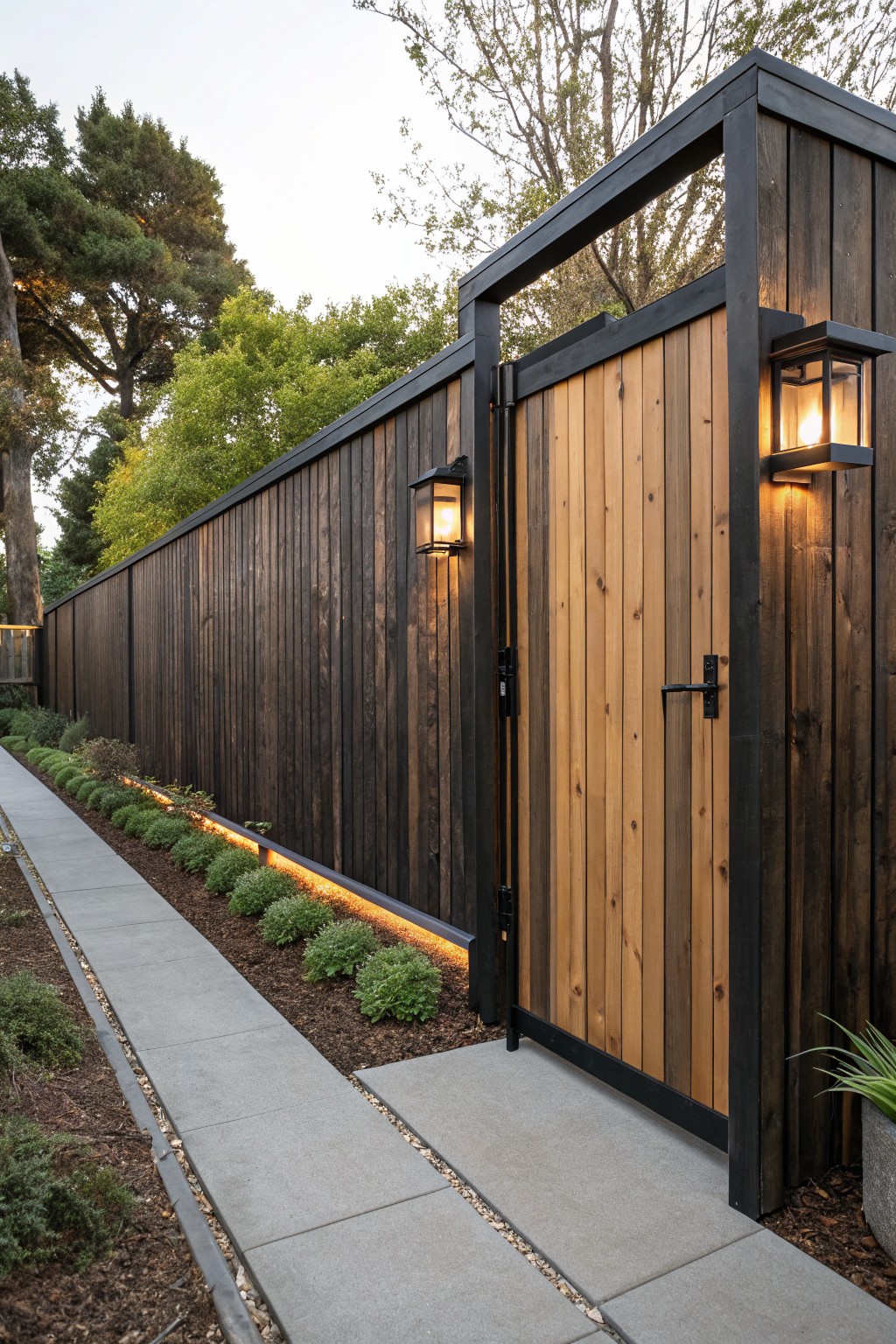 Tall dark wooden privacy fence with a vertical board gate in lighter wood framed by black metal, flanked by wall lanterns, next to a concrete pathway edged with low plants and LED strip lights under the fence base, surrounded by trees and greenery.