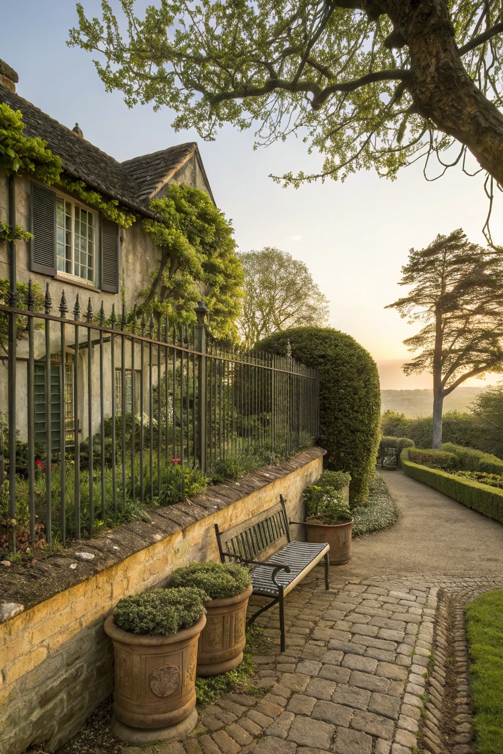 Stone farmhouse wall with ivy, black wrought-iron fence with finial tops, raised beds of boxwood shrubs and flowers, wooden bench, and gravel path beside hedges at sunset.