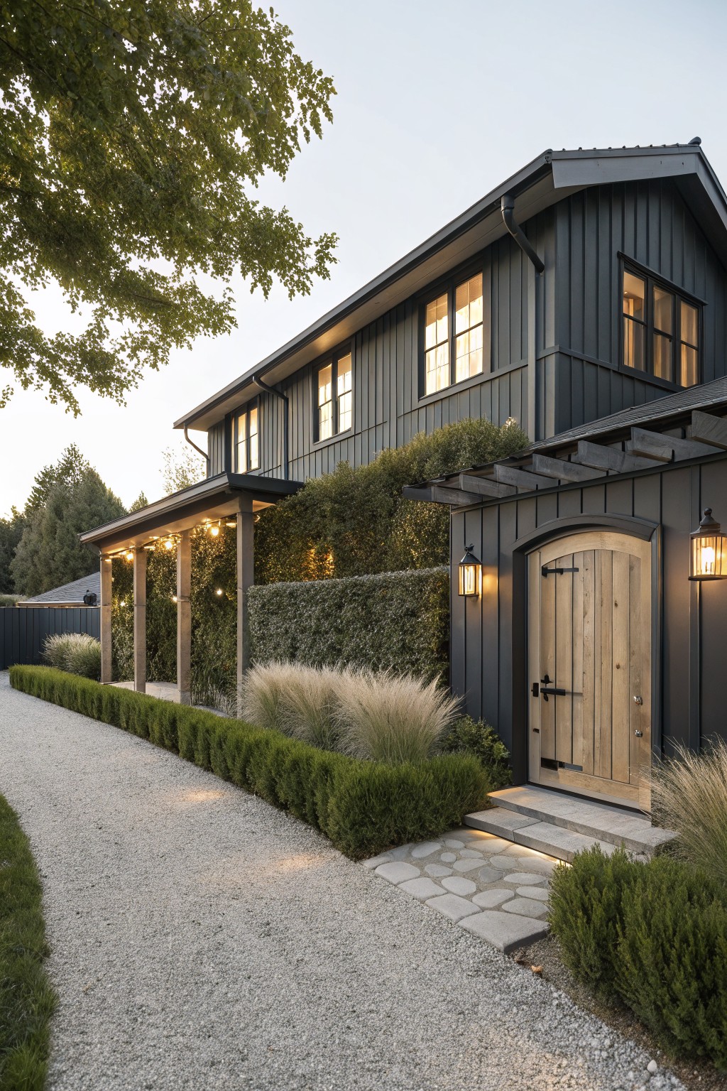 Gravel pathway bordered by low boxwood hedges on one side and tall ornamental grasses on the other, leading to a wooden arched door on a dark shiplap-sided house with a covered porch and lanterns.