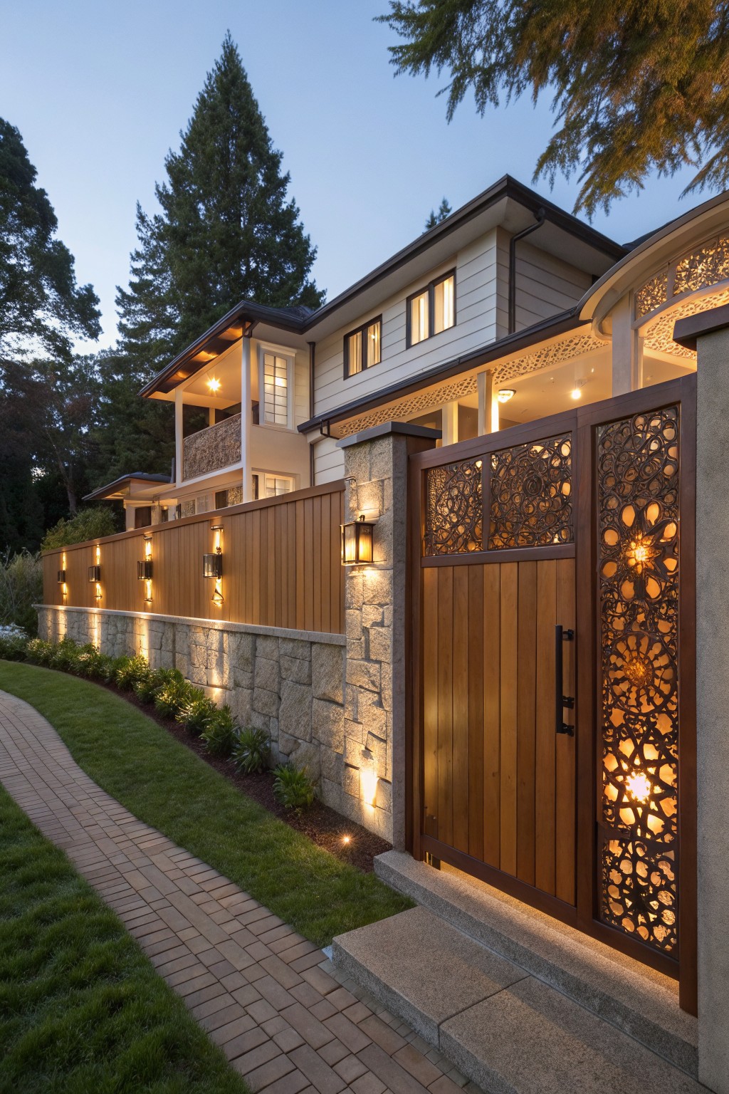 Dusk view of a two-story house exterior beside a tall wooden fence, ornate metal gate with cutout patterns, stone retaining wall, brick pathway, low plants, and integrated lighting.