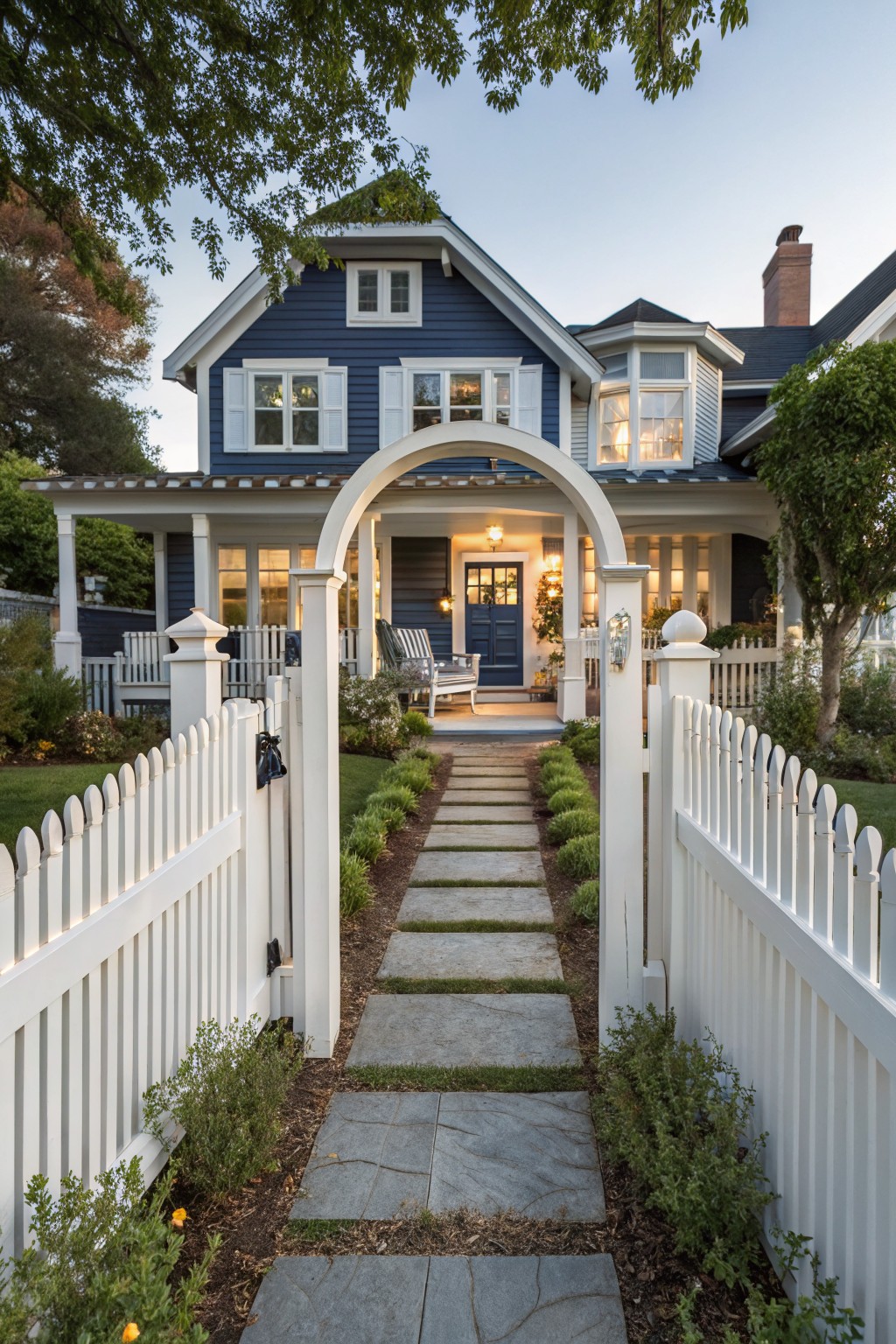 Blue clapboard house with white trim and porch, fronted by white picket fence gate and stone pathway lined with low shrubs and flowers.