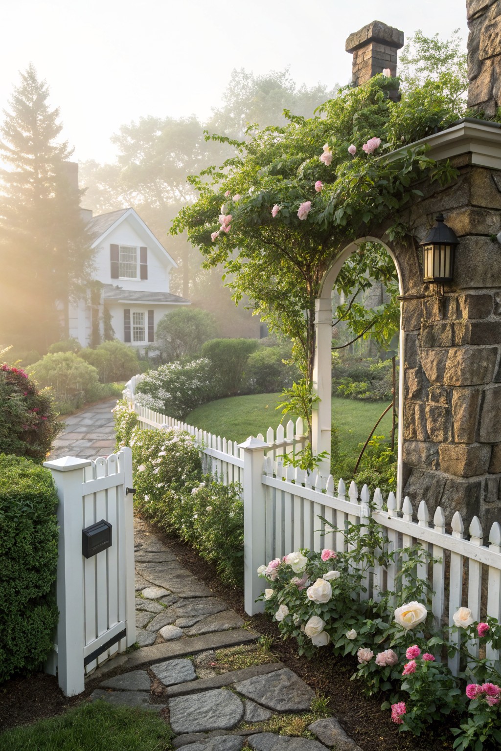 White picket fence gate beside a stone pathway lined with pink and white rose bushes, leading through a garden edged with shrubs to a white shingled house partially obscured by trees and mist, with climbing roses on a stone archway and lantern.