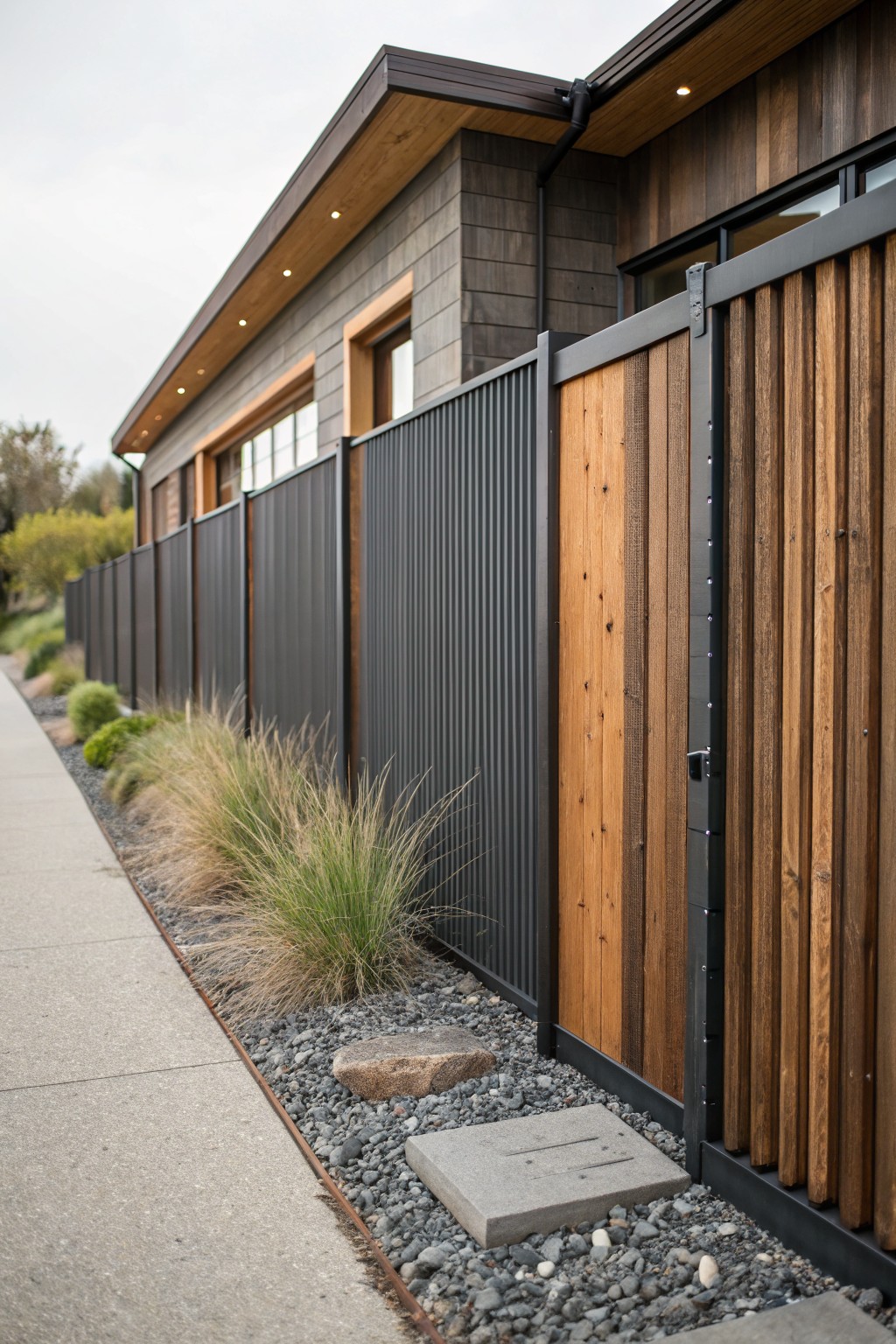 Tall dark gray corrugated metal fence panels along the side of a modern wood-clad house, with a slatted wooden gate, gravel bed planted with ornamental grasses next to a concrete sidewalk.